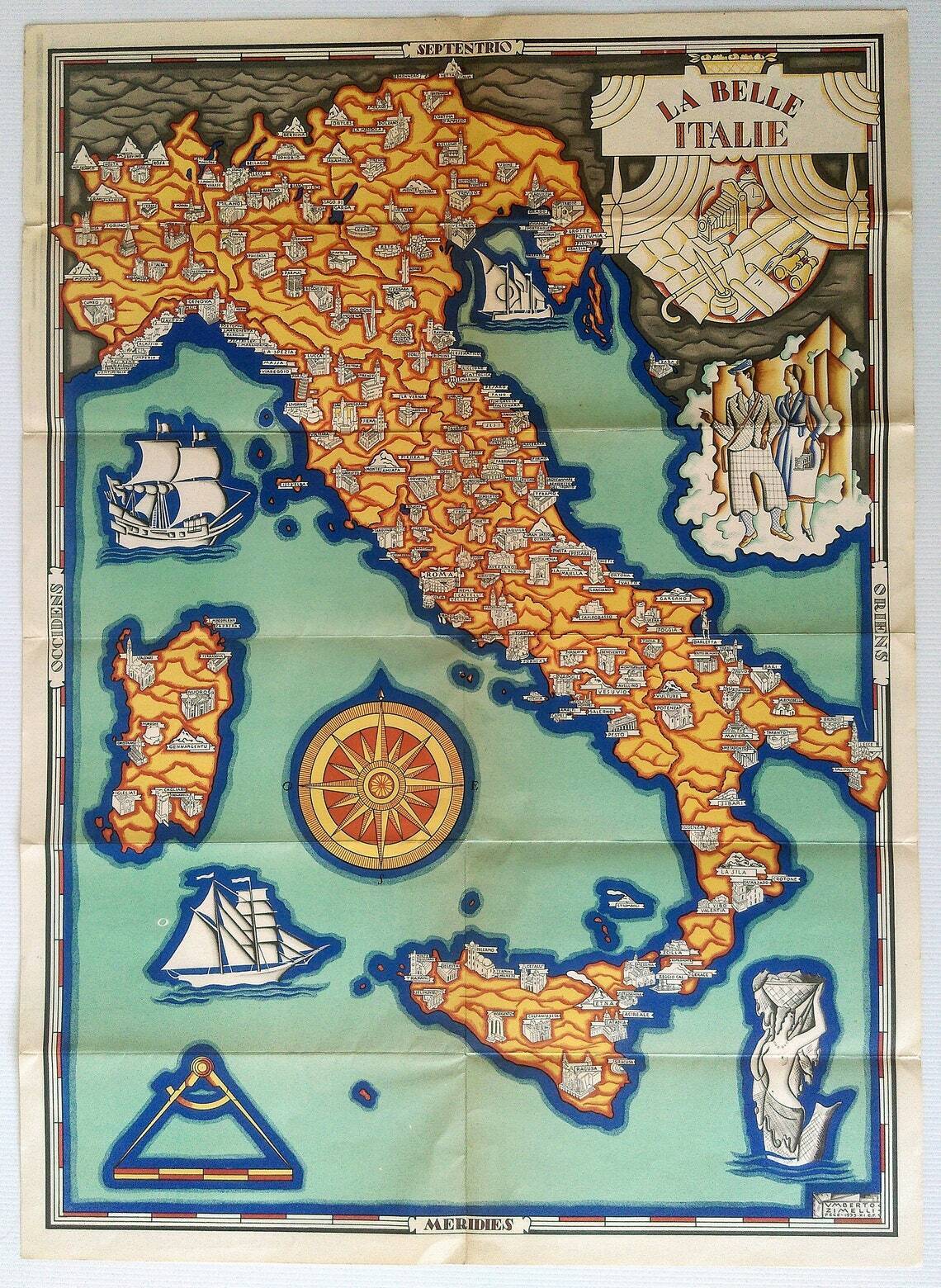 Rare 1933 Umberto Zimelli Italy Pictorial Map, La Belle Italie, Beautiful Italy
