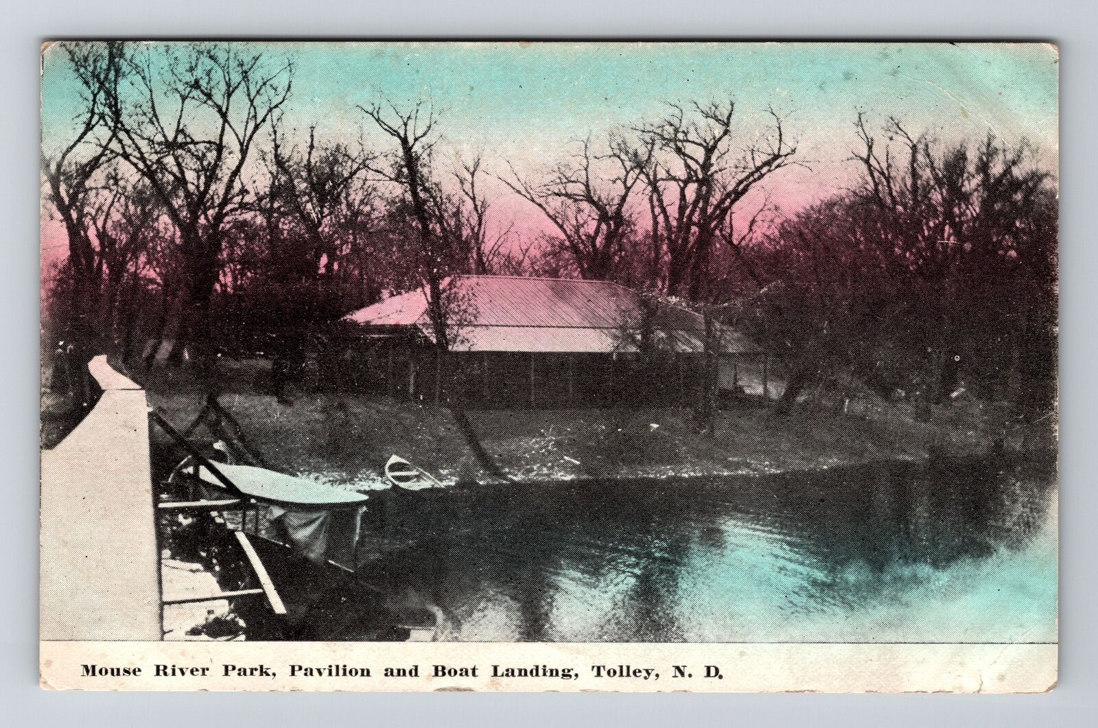 Tolley ND, Mouse River Park Pavilion & Boat Landing, Vintage c1910 Postcard