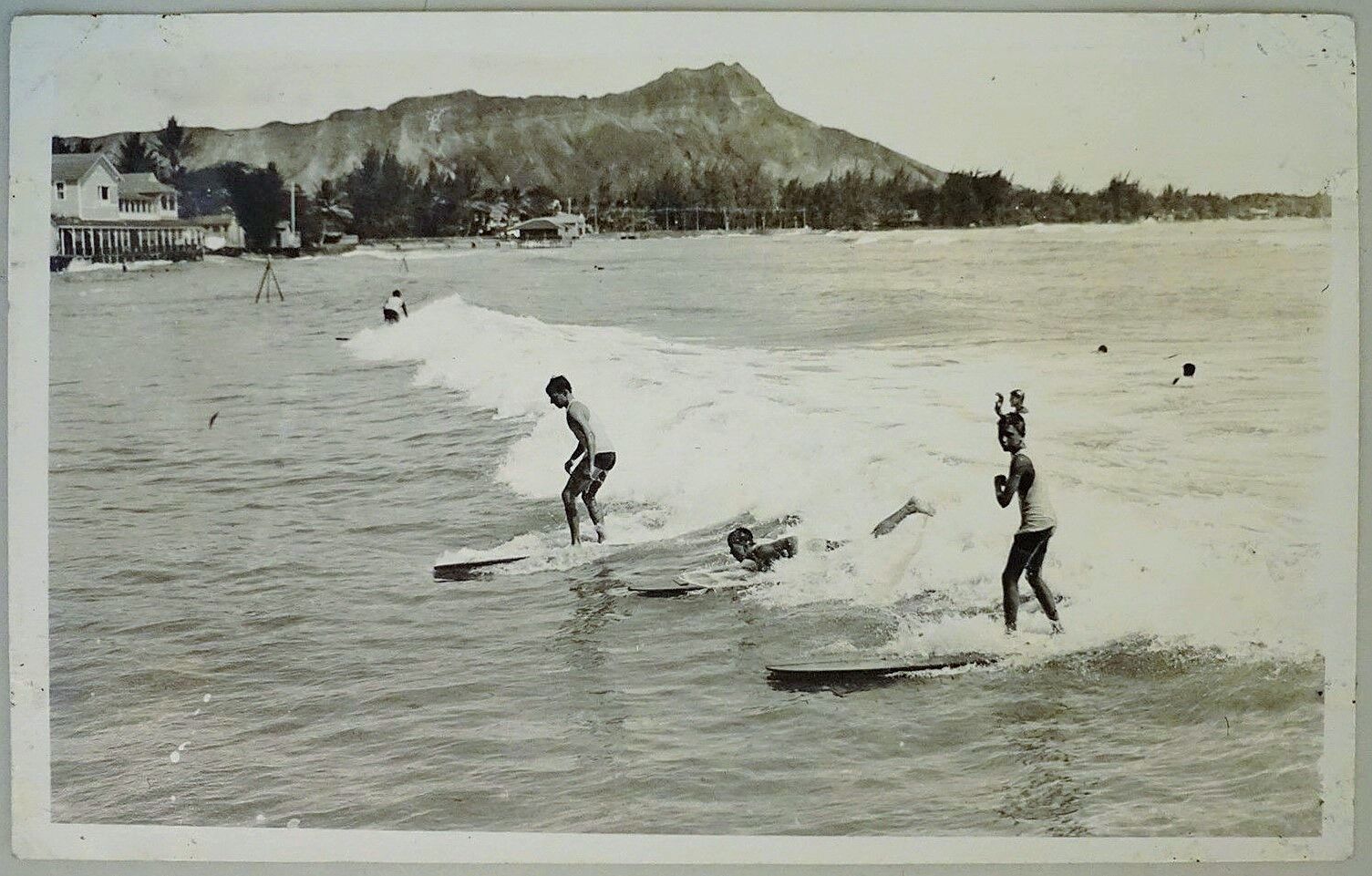 1920's Native Boys Surf Riding Waikiki TH Hawaii AZO RPPC