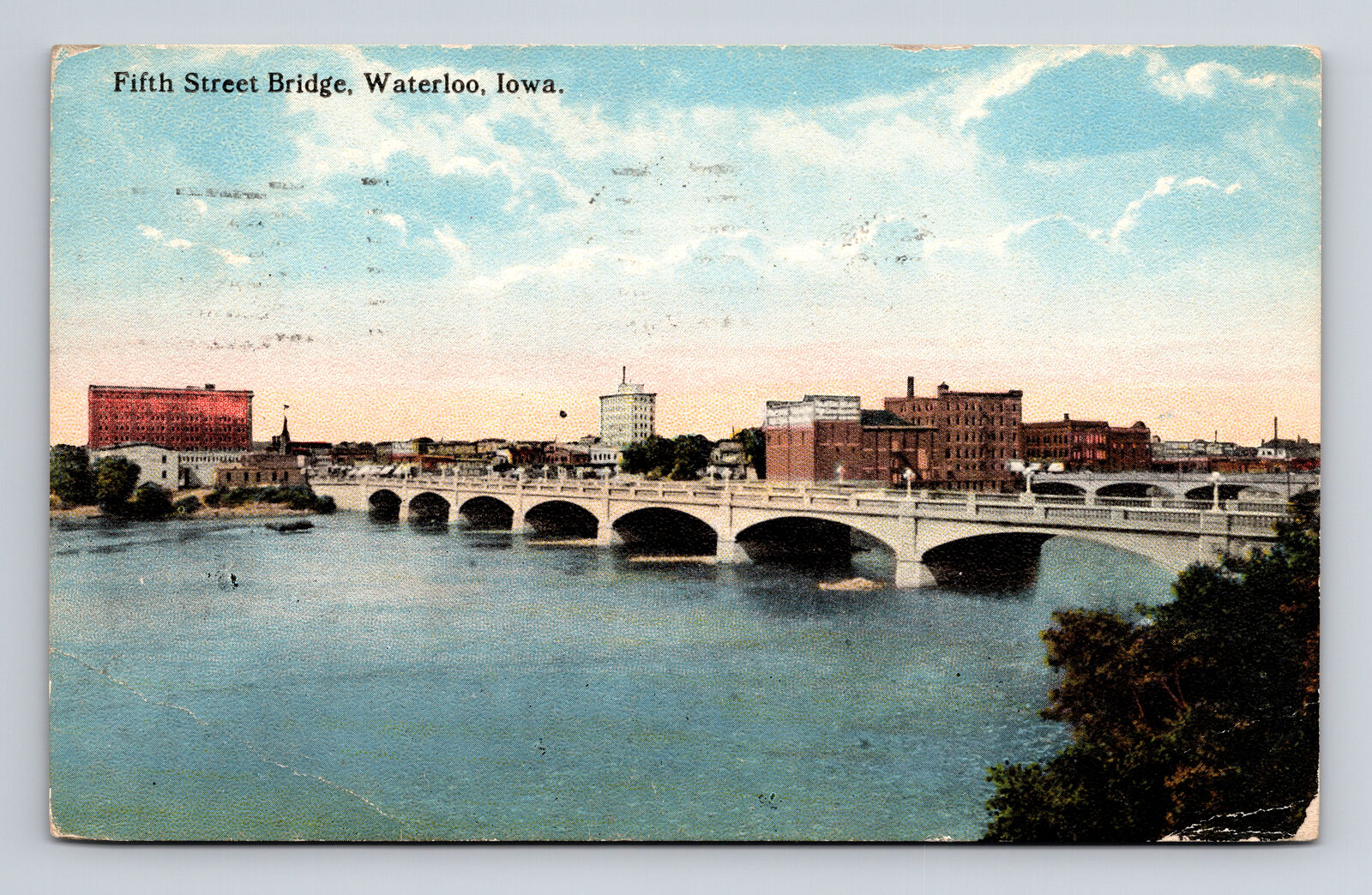 c1917 DB Postcard Waterloo IA Iowa Fifth Street Bridge Curt Teich Photochrom