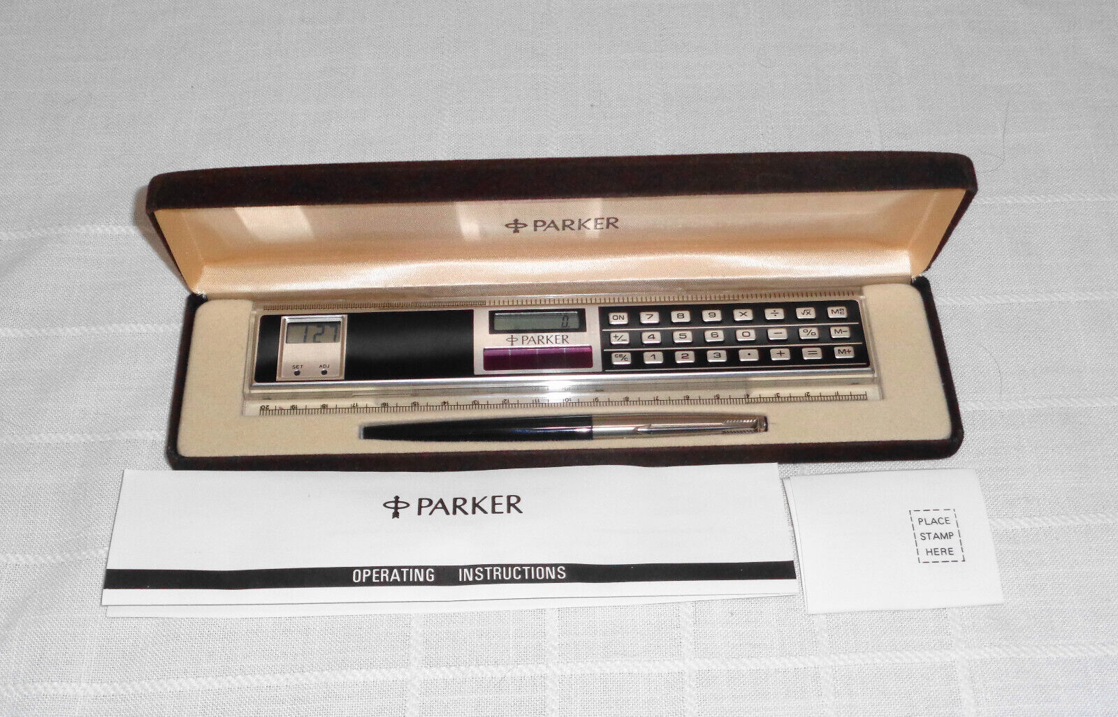 Vintage Parker Pen Desk Set w/ Calculator Clock Ruler Case and Paperwork