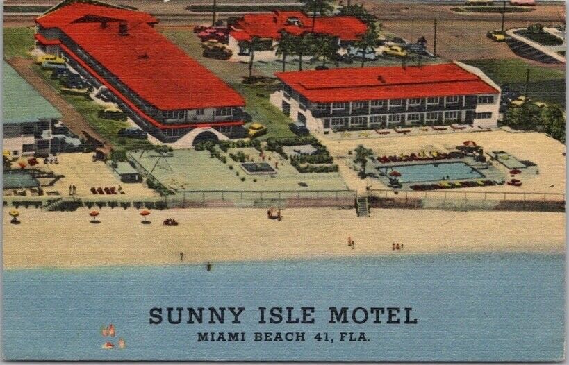 1959 MIAMI BEACH, Florida Postcard SUNNY ISLE MOTEL Aerial View / Curteich Linen