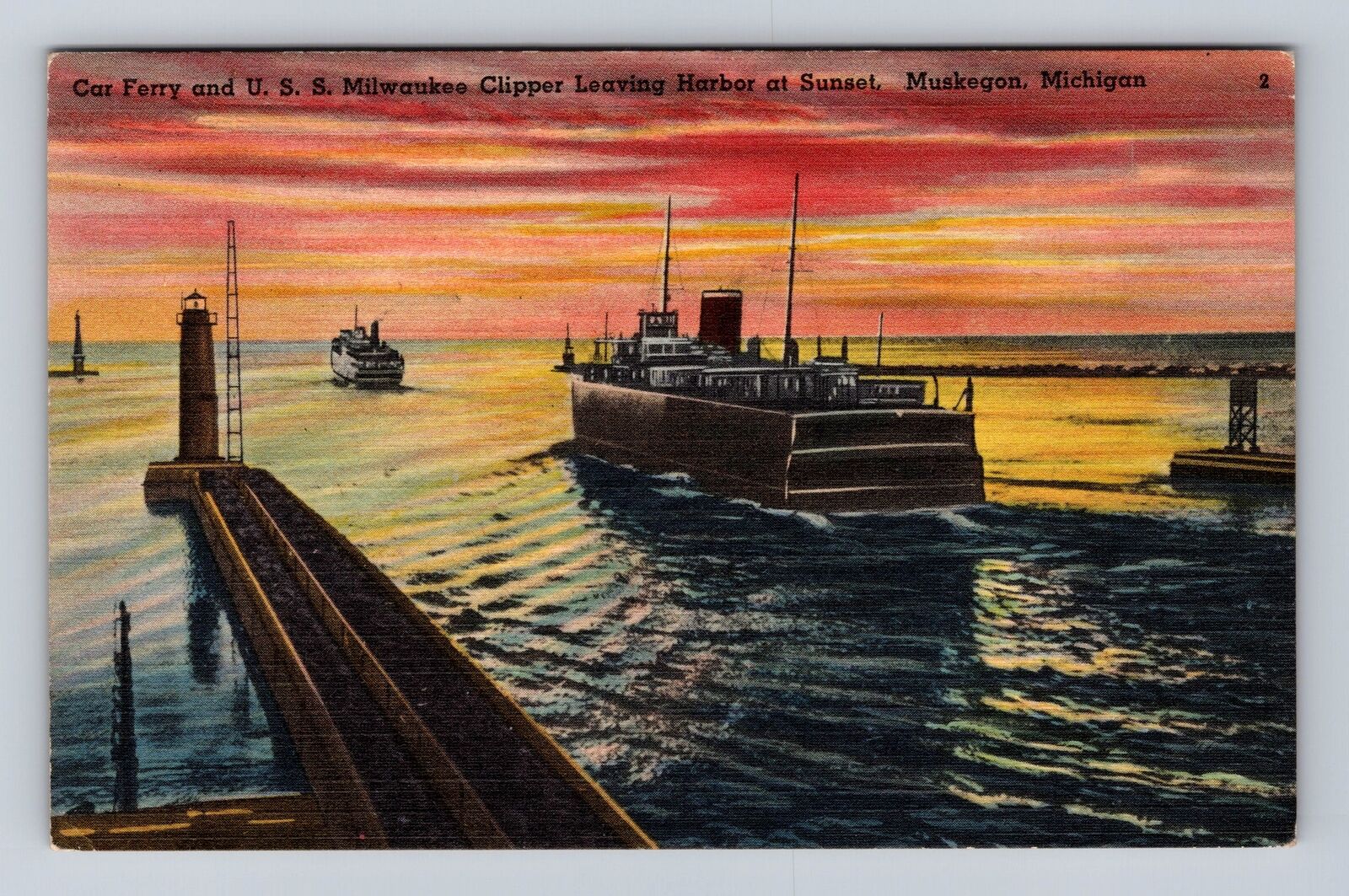 Muskegon MI-Michigan, U.S.S. Milwaukee Ferry Leaving at Sunset, Vintage Postcard