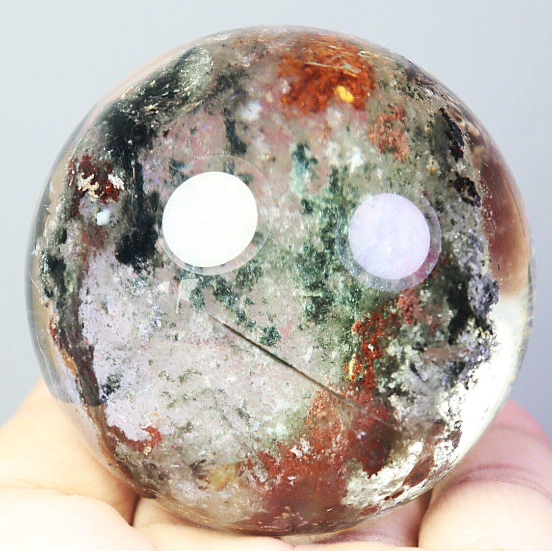 Natural Red Green Phantom Rainbow Quartz Crystal Stone Sphere Ball Reiki Healing