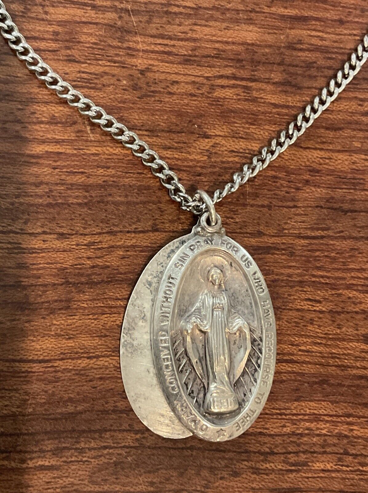 Vintage 1940s Rare Double-Medallion Miraculous Medal Sliding Sterling Mary Charm