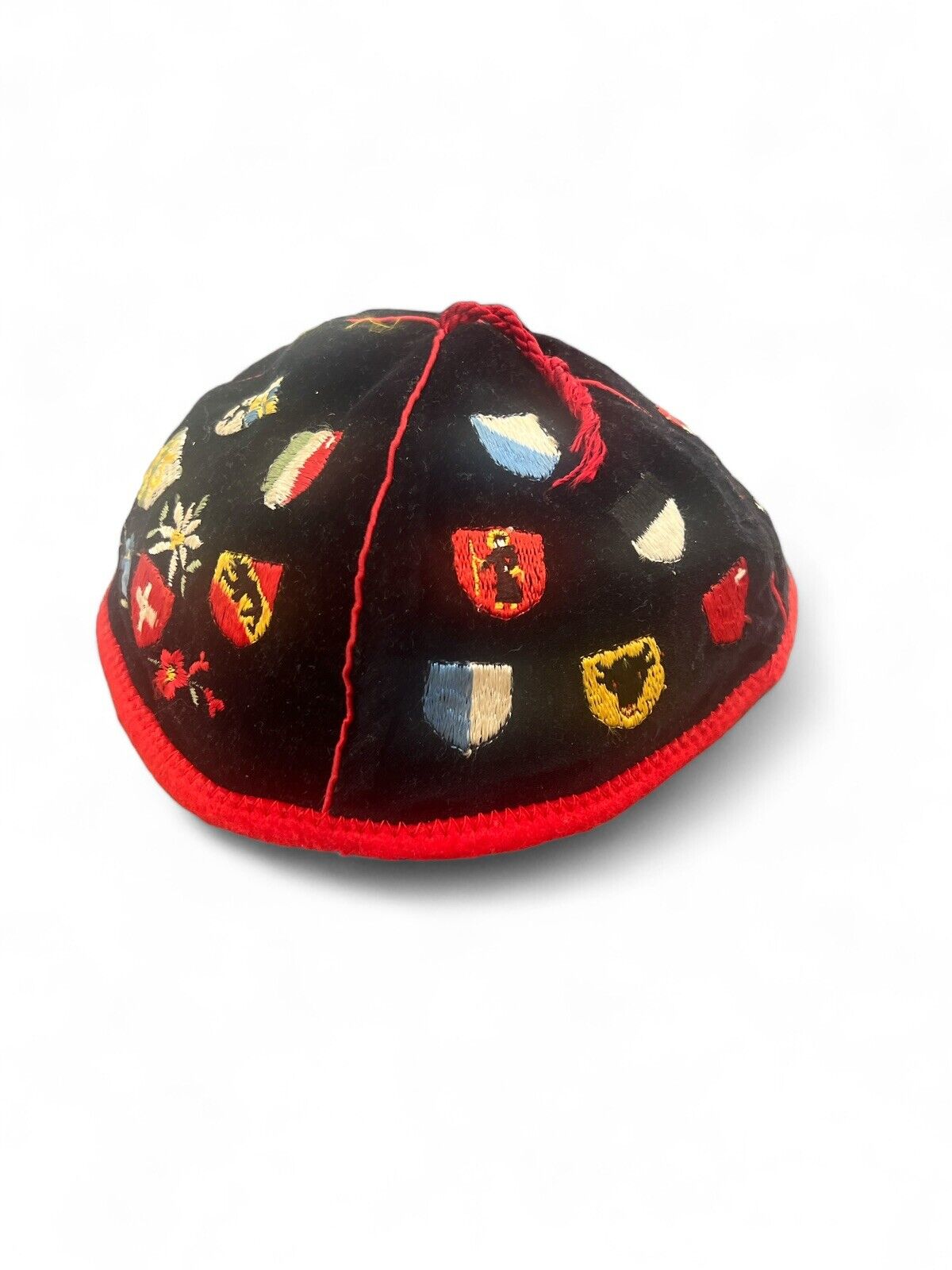 Vintage Swiss Alpine Beanie Hat Souvenir Crests Flowers  Folk Embroidered