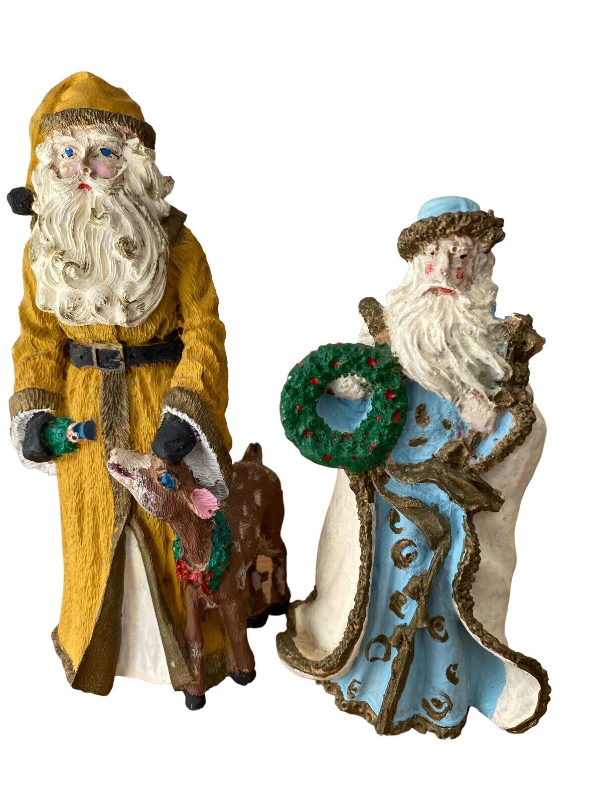 Vintage Santa Figurines Set of 2 Blue and Gold Coat With Reindeer