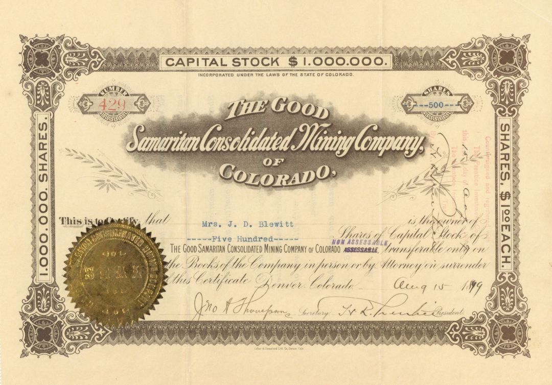 Good Samaritan Consolidated Mining Co. of Colorado - Colorado Mining Stock Certi