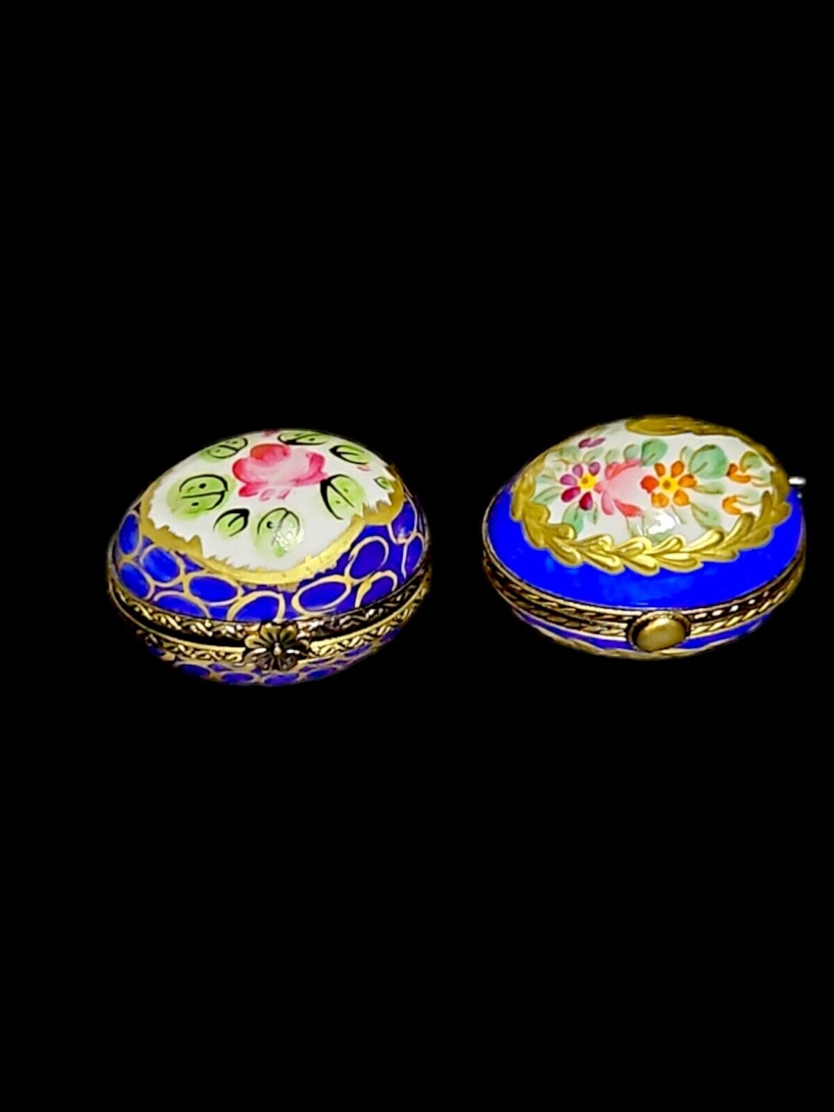 Vintage Limoges Peint Main Egg Trinket Box~Hant Painted~ Flowered~Set/2~Signed