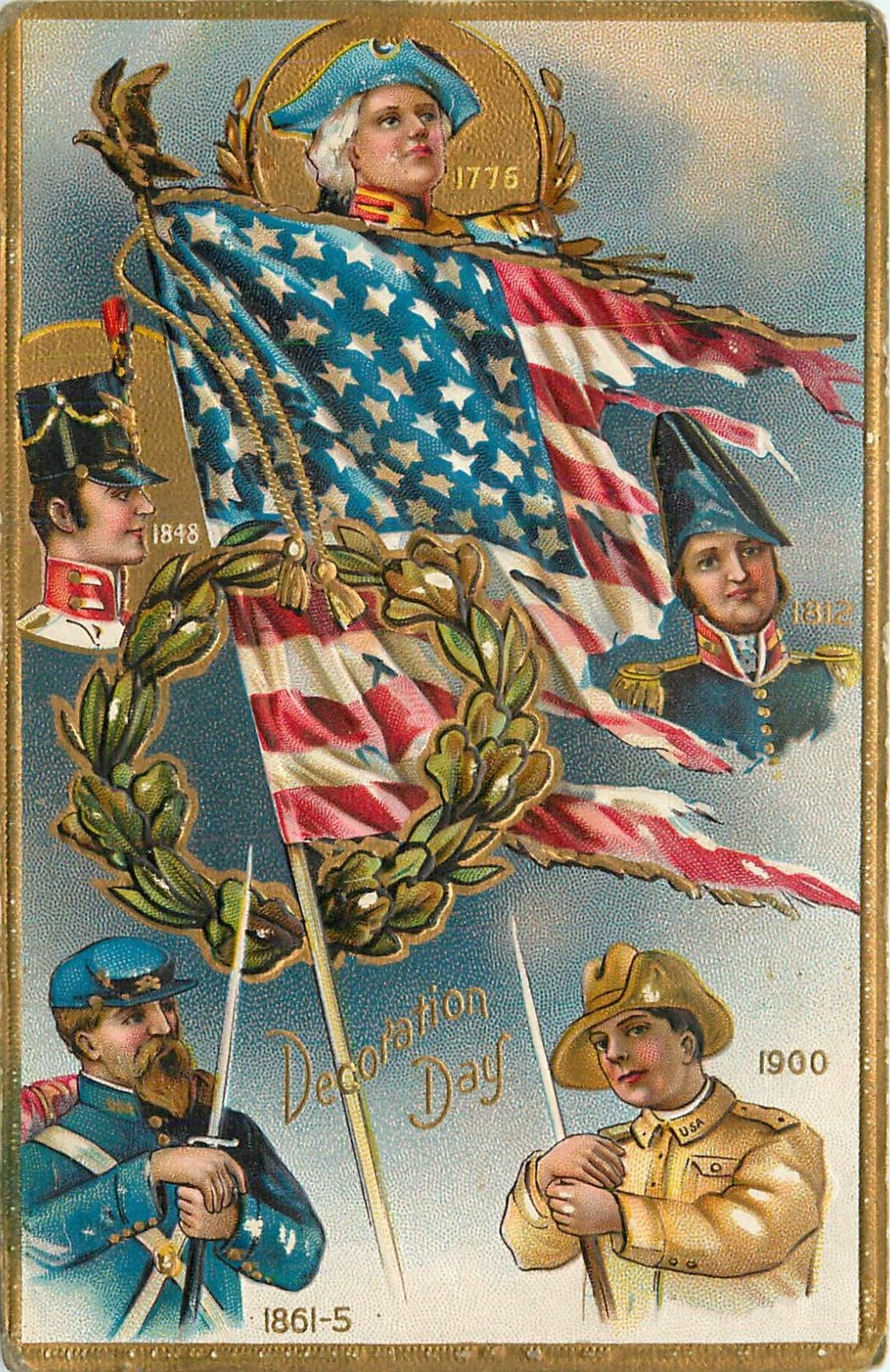 c1910 Decoration Day - Montage of US Soldiers from Wars Postcard