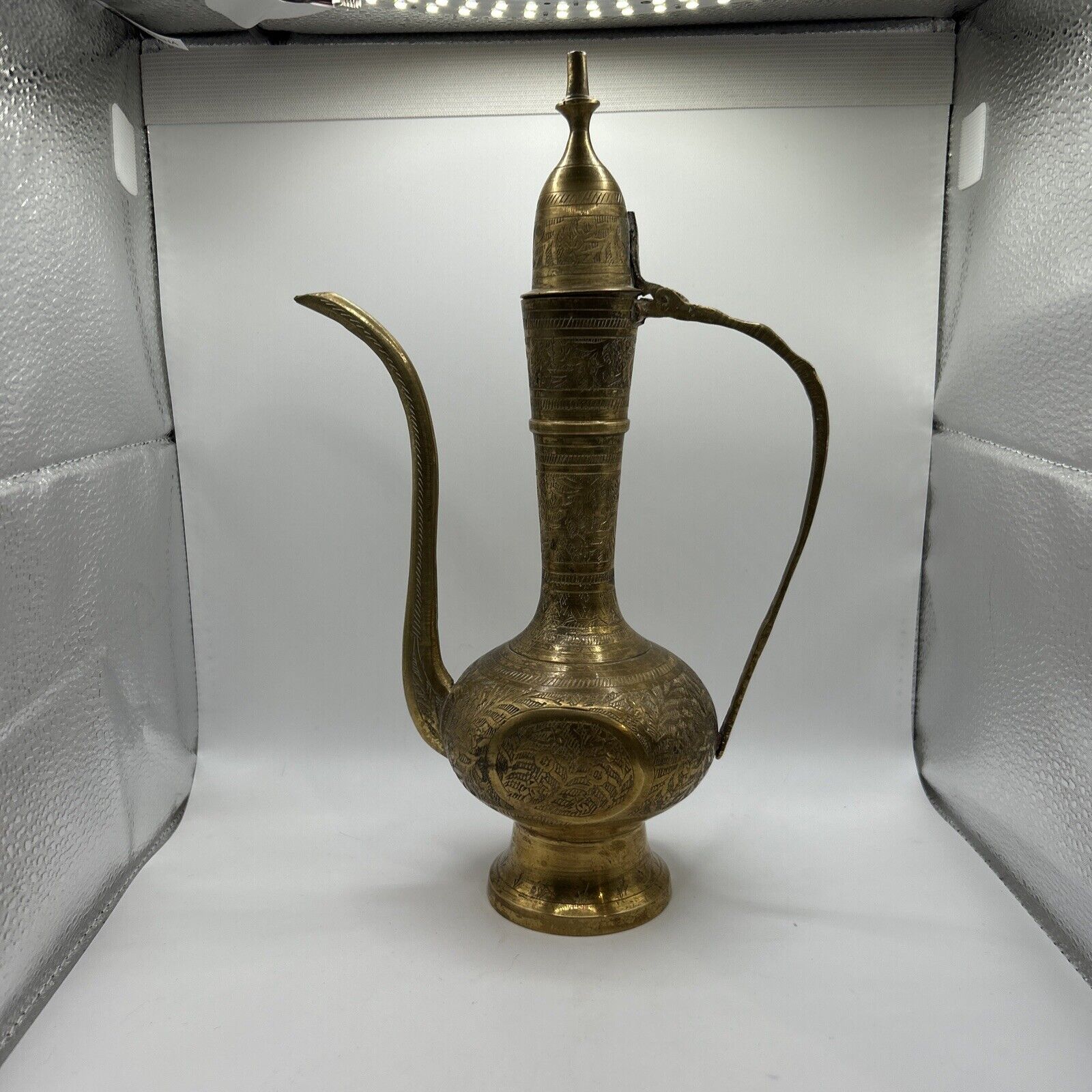 Ewer Aftaba Antique Vintage Engraved Enameled Brass Surahi Dallah Teapot 11”