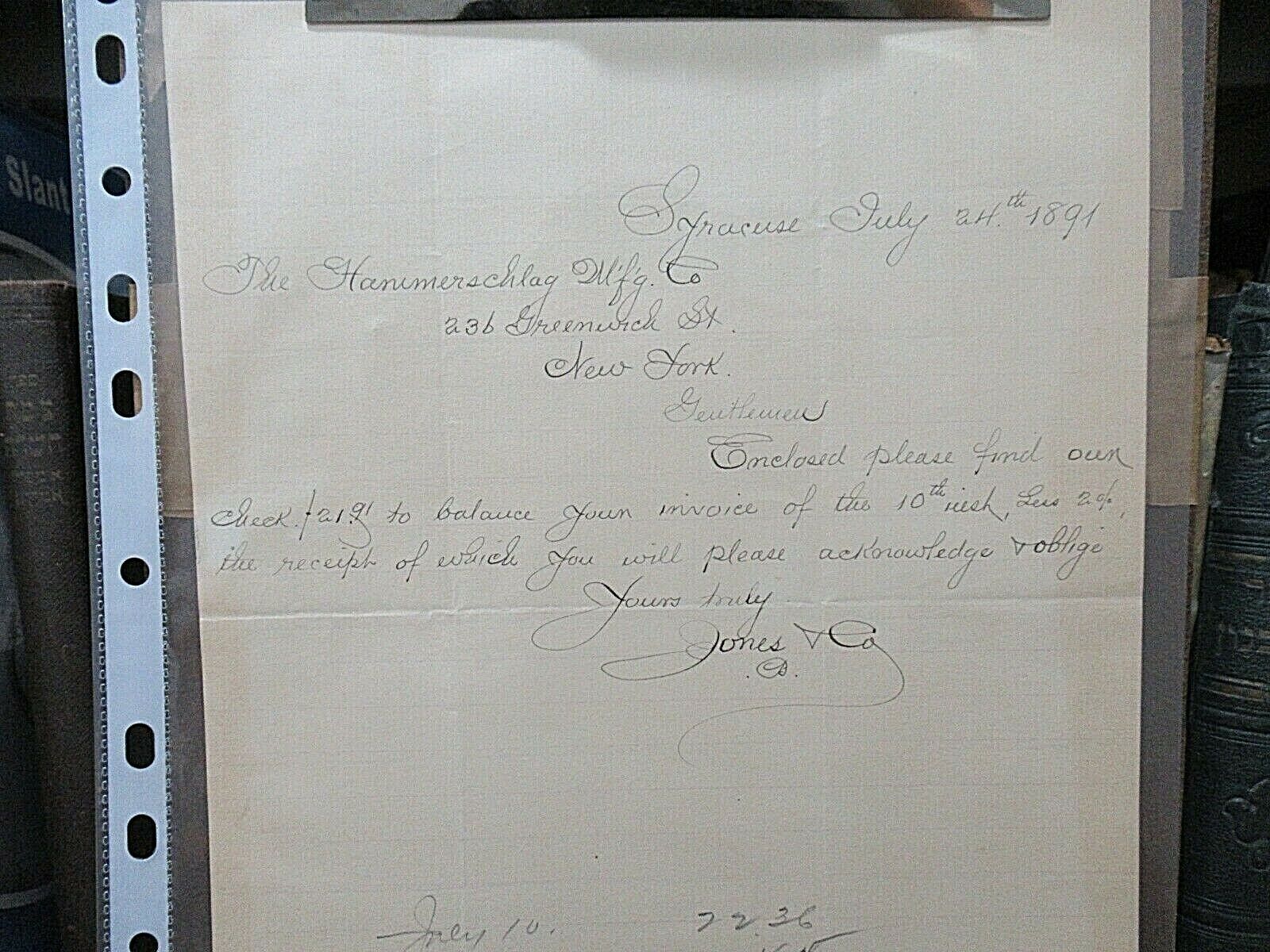 1891 Antique Document, Jones & Co. Syracuse NY