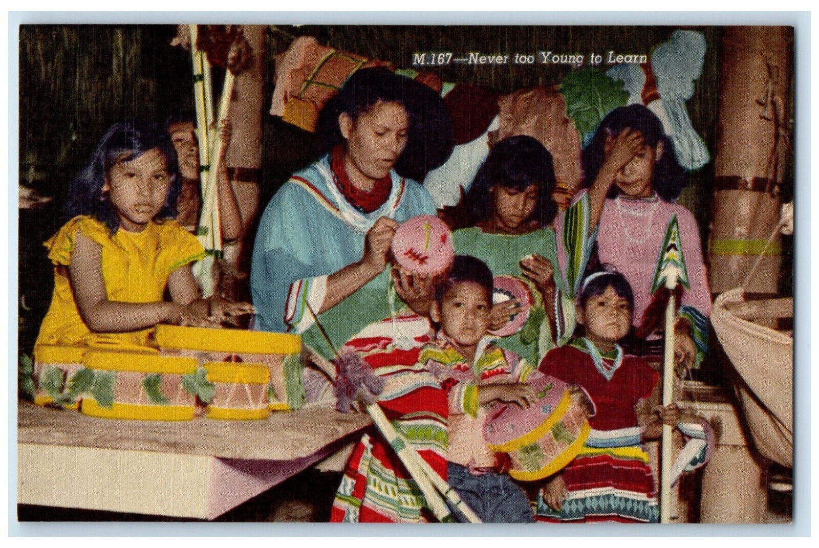 c1940s Mary Osceola Teaching Kids, Miami Seminole Indian Village, FL Postcard