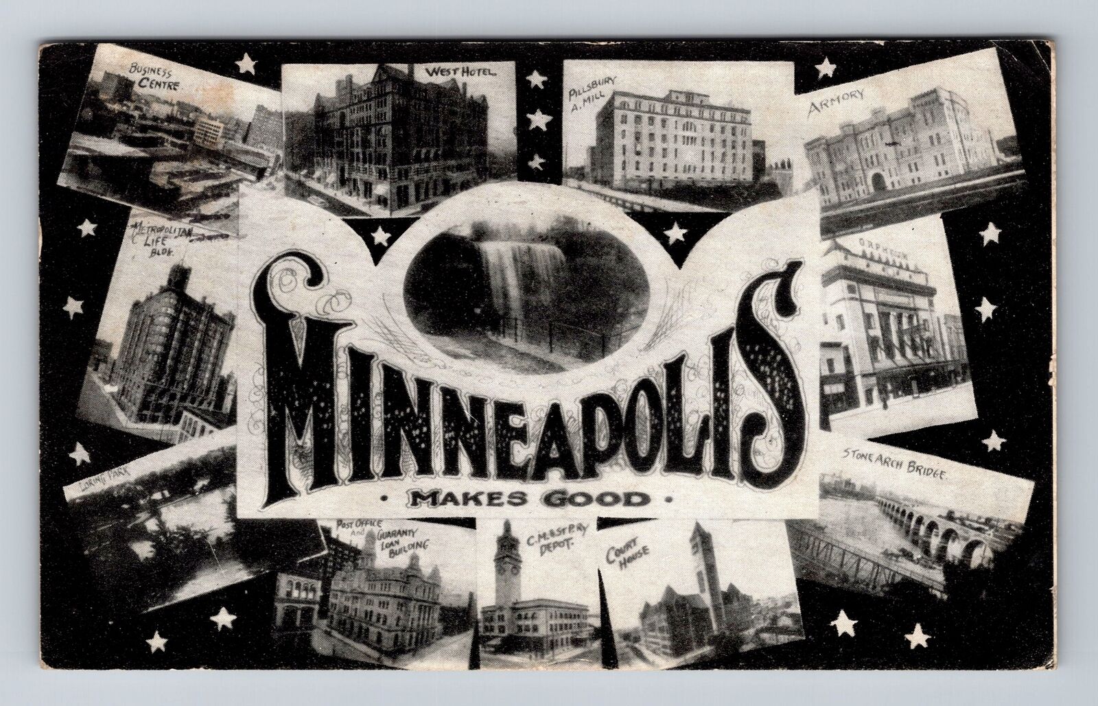Minneapolis MN-Minnesota, Courthouse, Hotel, Mill, Armory Vintage c1908 Postcard