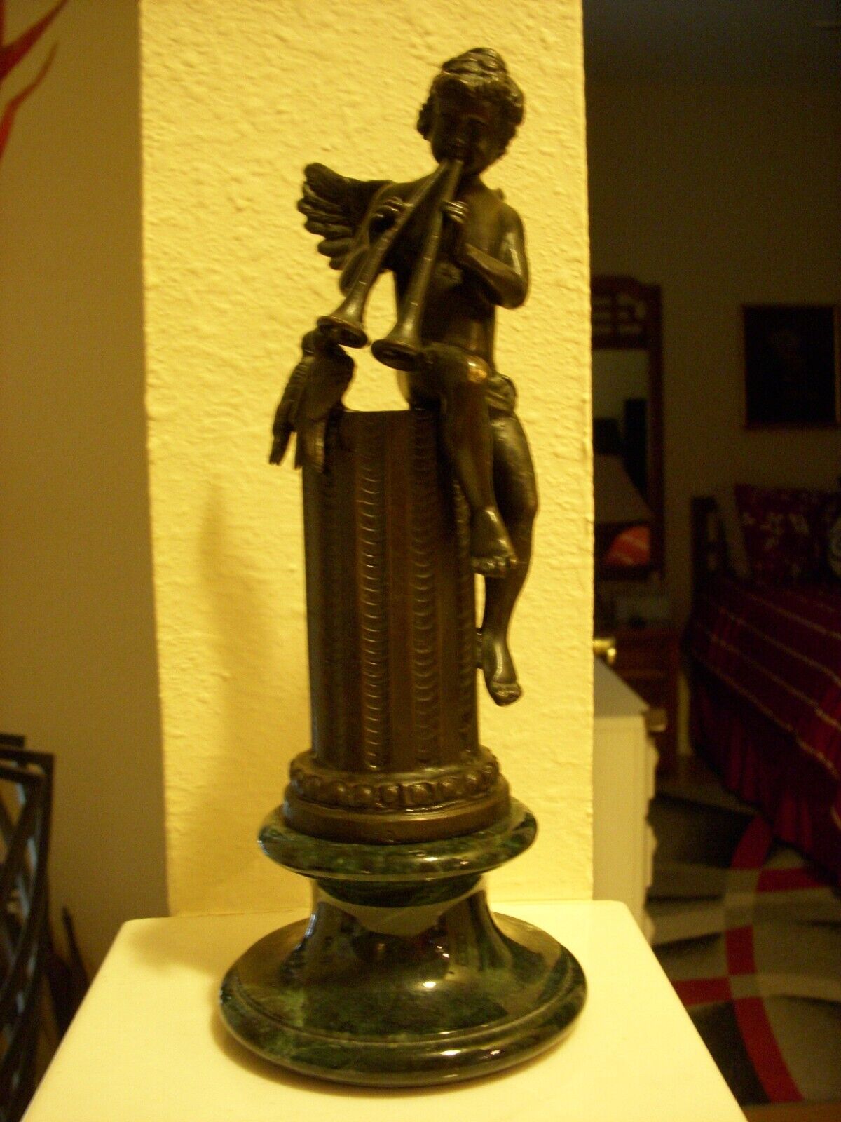 Antique Bronze on Green Marble Base Angel Playing Horns with Birds