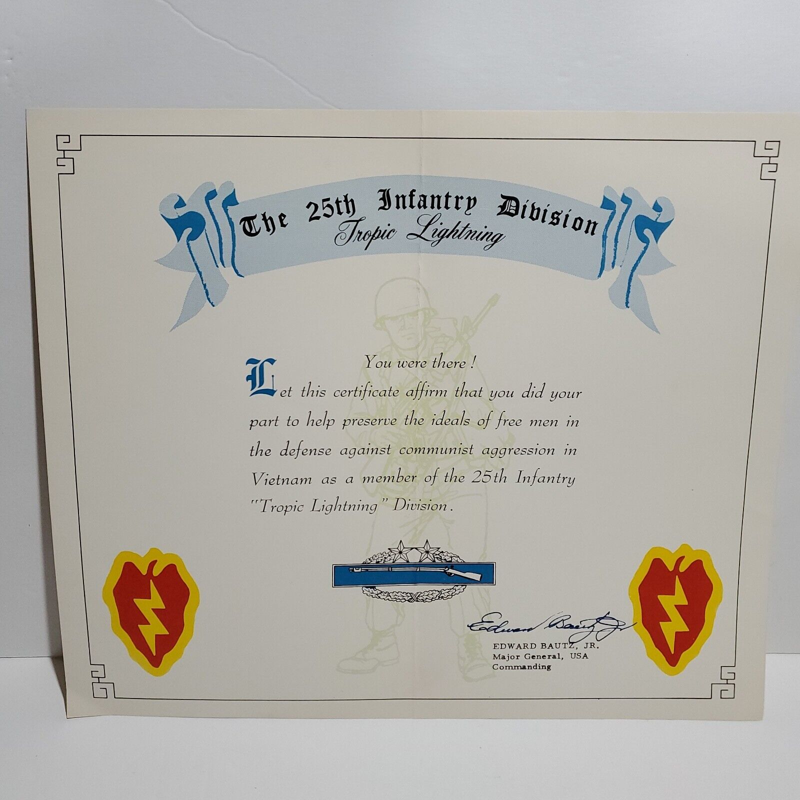 Vietnam 25th Infantry Division Tropic Lightening You Were There Certificate