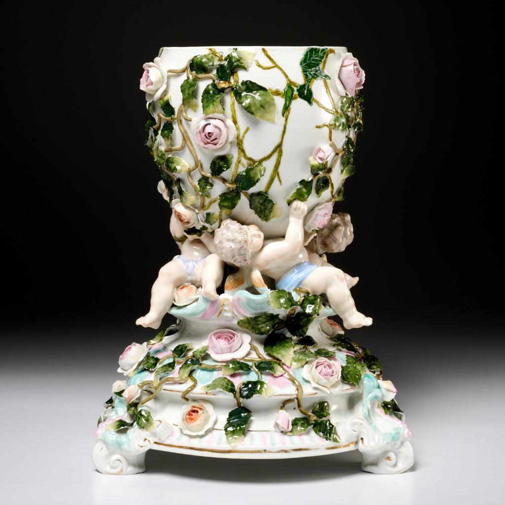 Sitzendorf Dresden Cherub Putti Floral Porcelain Centerpiece Vase 19th C *READ*