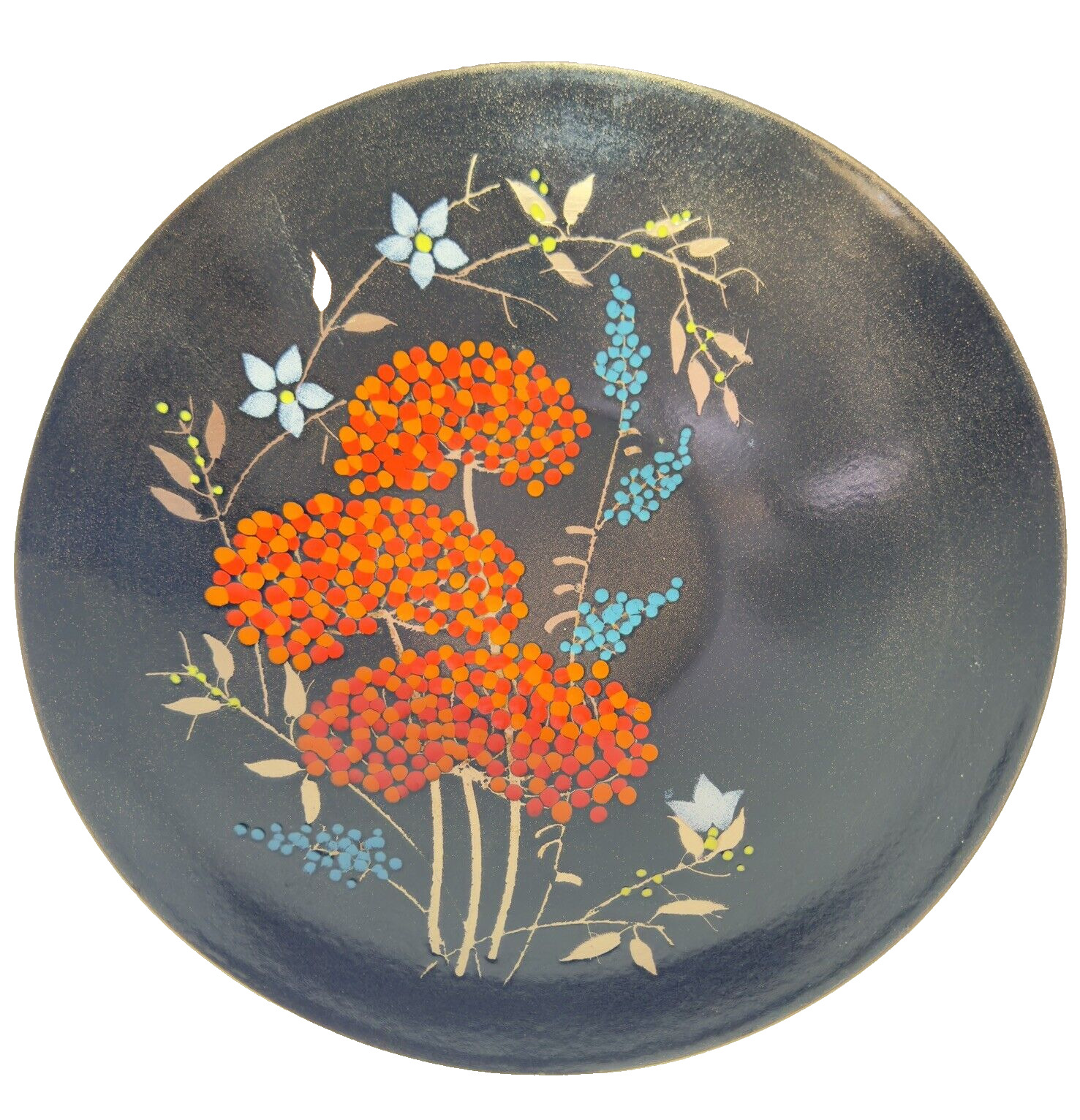 Vintage MCM Copper Enamel Bowl Black Floral Design Mesick Studios Convivial Ware