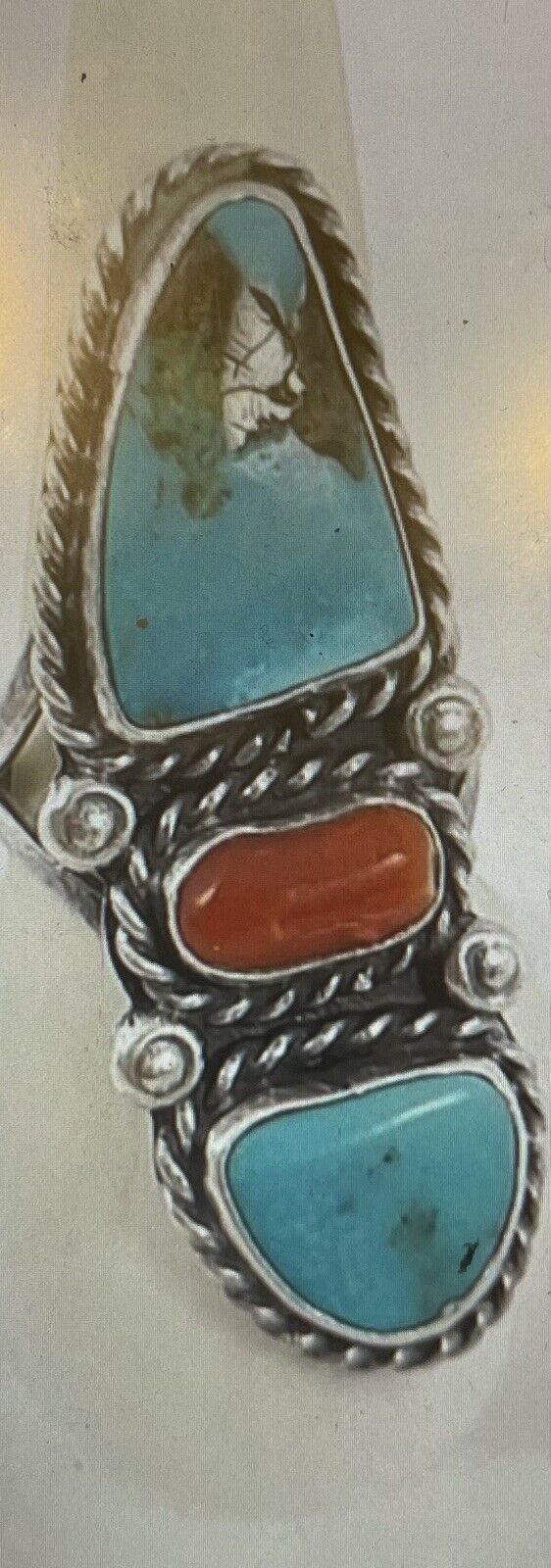 Vintage 925 Silver Turquoise & Red Coral Ring Size 9 Southwest Style Weight 11.7