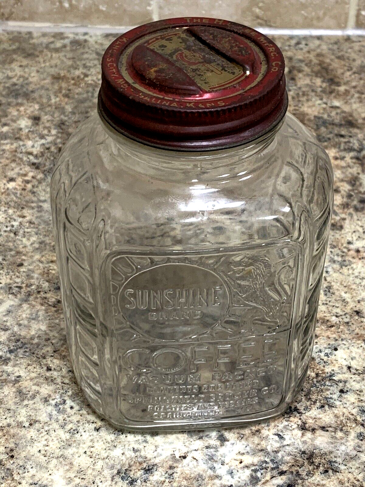 Vintage Sunshine Brand Glass Coffee Jar W/ Lid Springfield Missouri MO USA (4D)