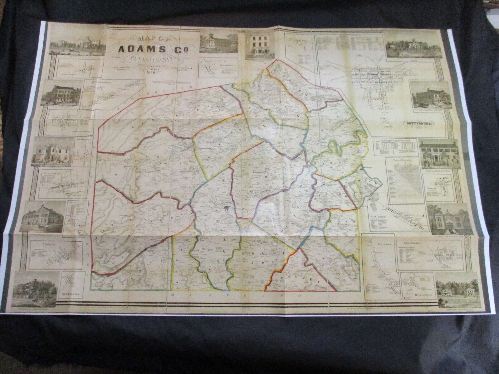 2004 Print of 1858 Adams County, Gettysburg, Pennsylvania & Area Map, Civil War