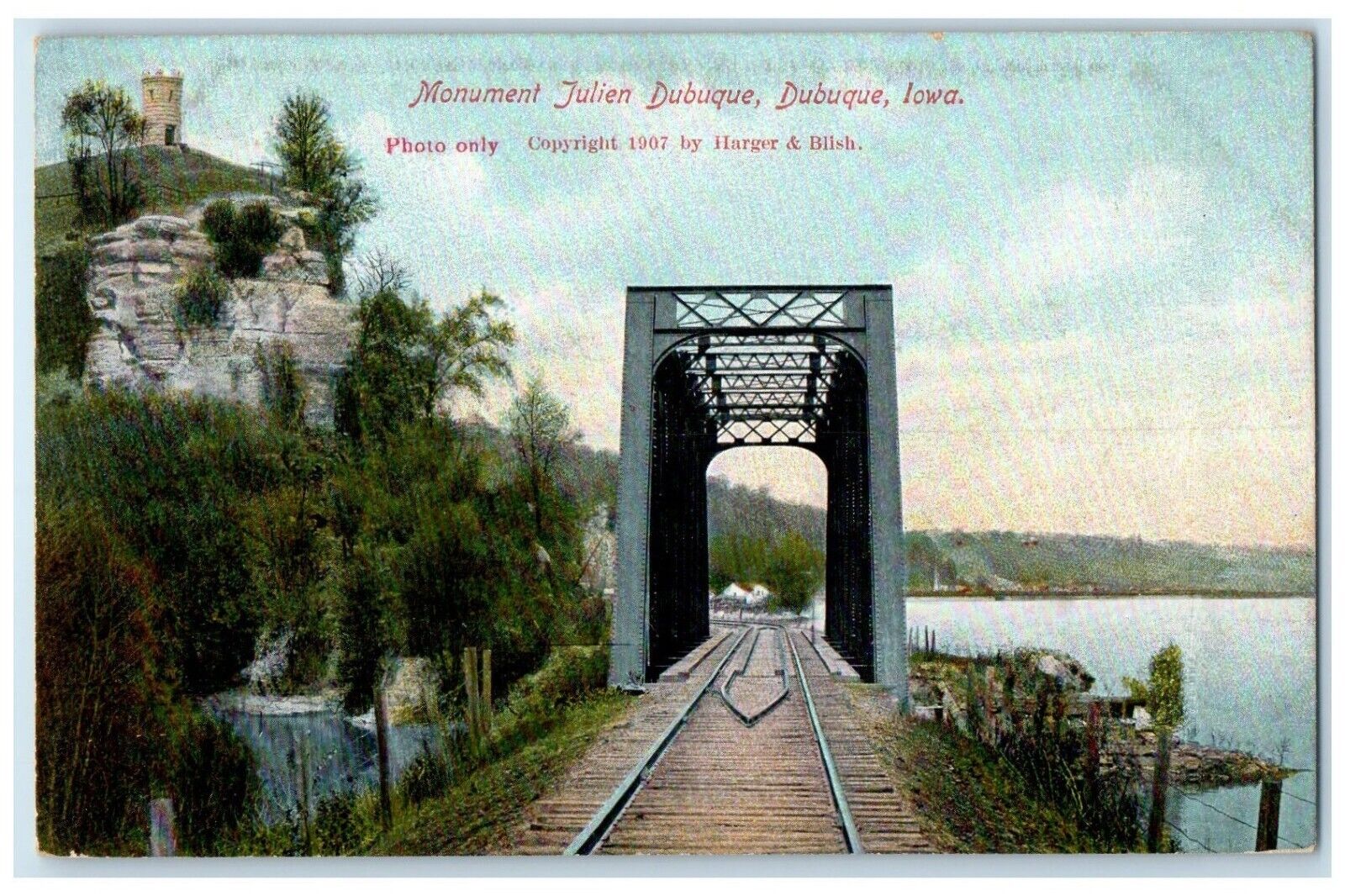 c1910's Monument Julien Dubuque Bridge Scene Dubuque Iowa IA Antique Postcard