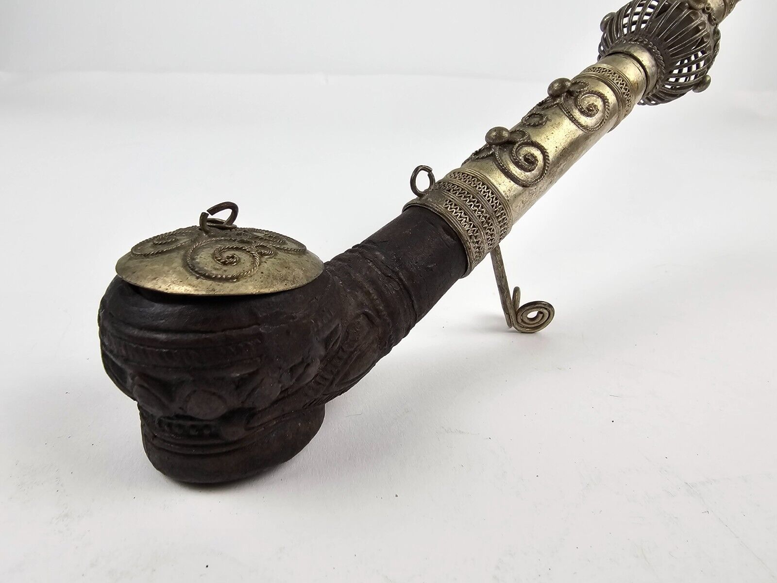 Vtg Tobacco Wood detailed metal Pipe Asian Oriental Art Collectible Smoking Tool
