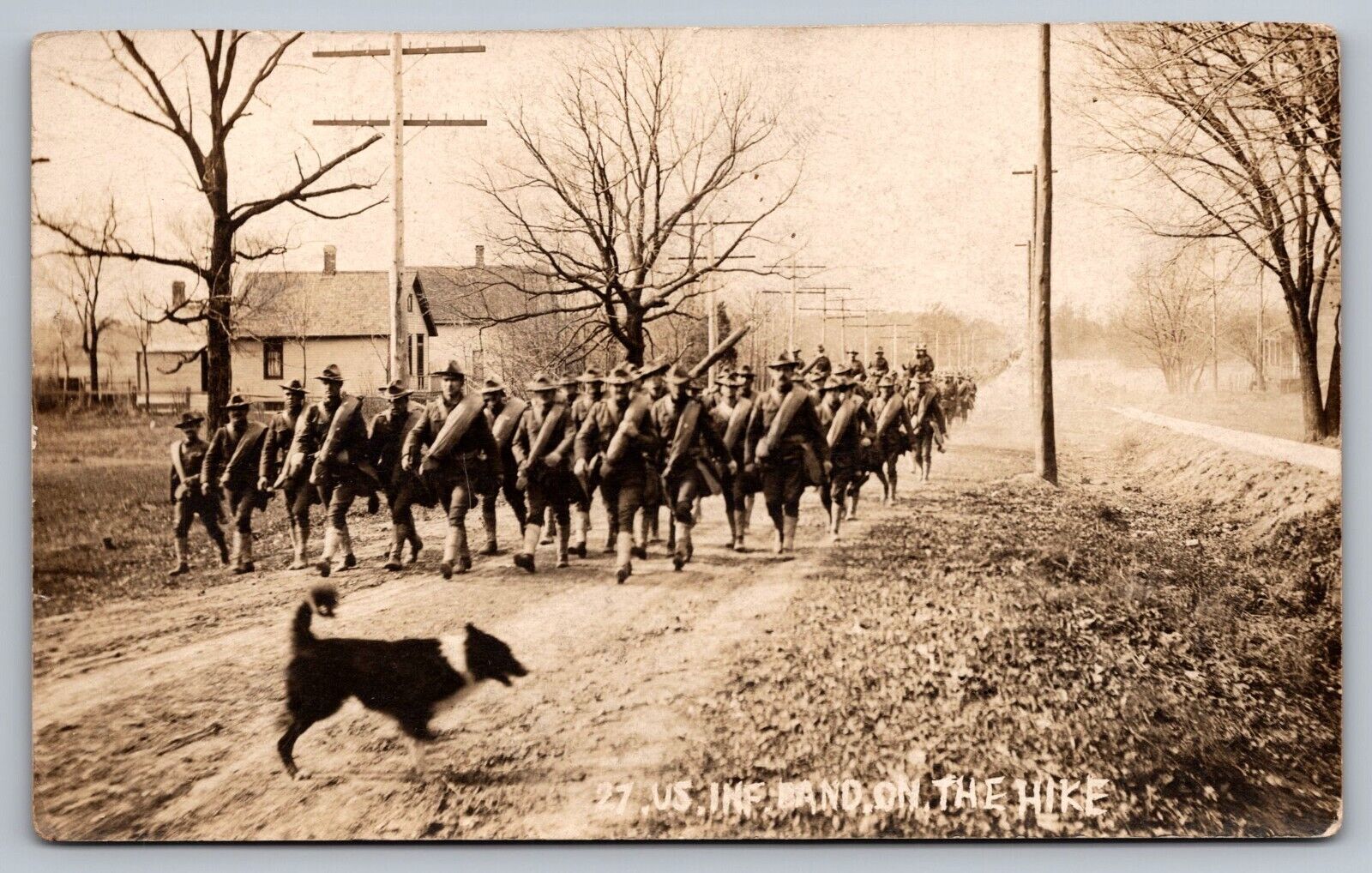 27th US Infantry Band on the Hike-Antique RPPC Photo Postcard c.1909-Wolfhounds