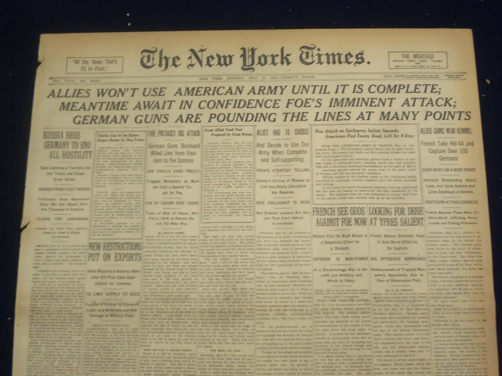 1918 MAY 13 NEW YORK TIMES-ALLIES WON'T USE AMERICAN ARMY UNTIL COMPLETE-NT 8180