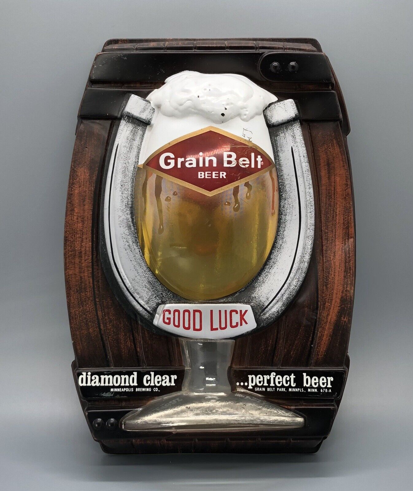 Vtg Grain Belt Beer Sign / Plastic Dome Barrel & Goblet with Good Luck Horseshoe