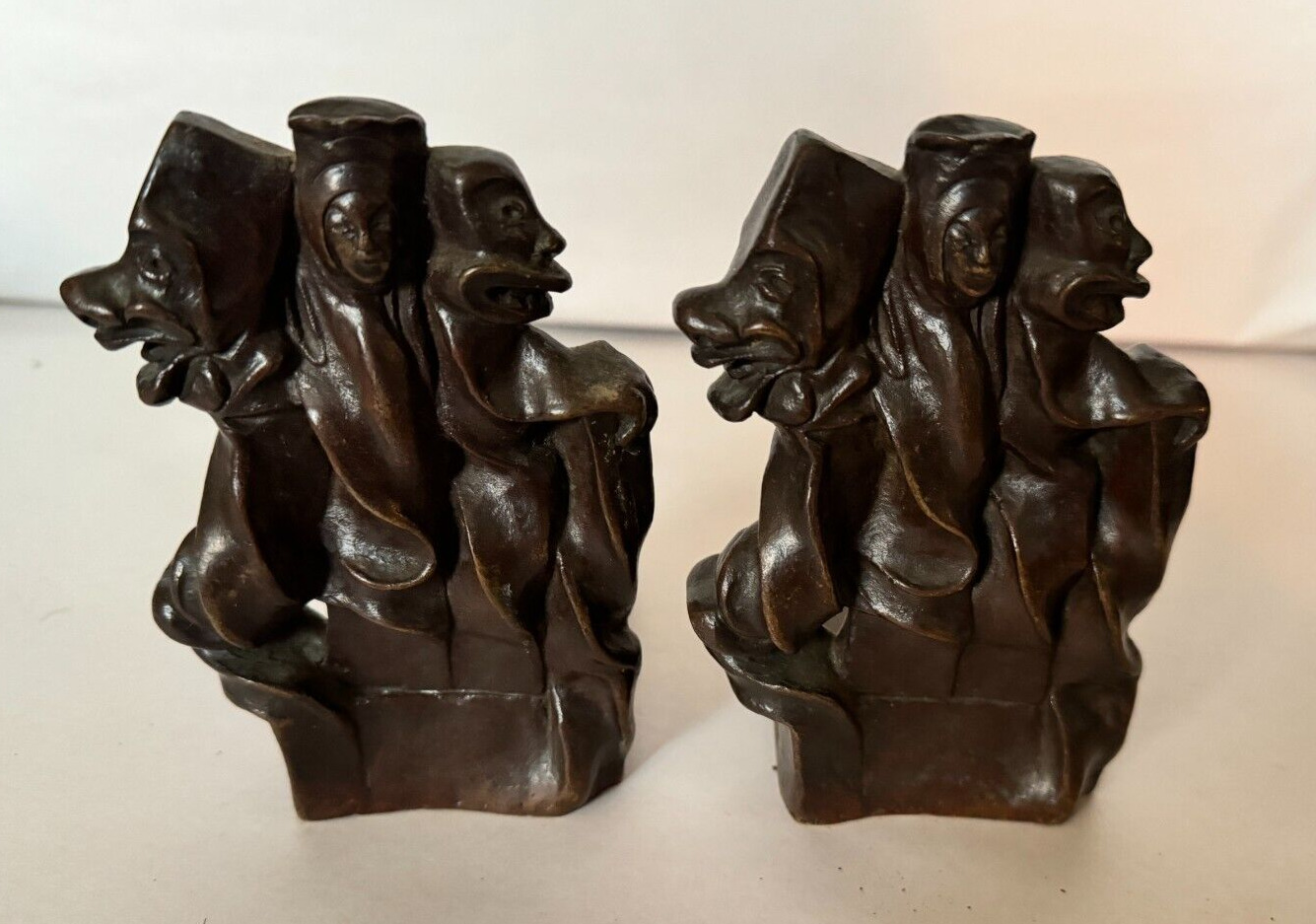 Pair of Unusual Signed A.R. Solid Bronze Figural Bookends, 5 1/2