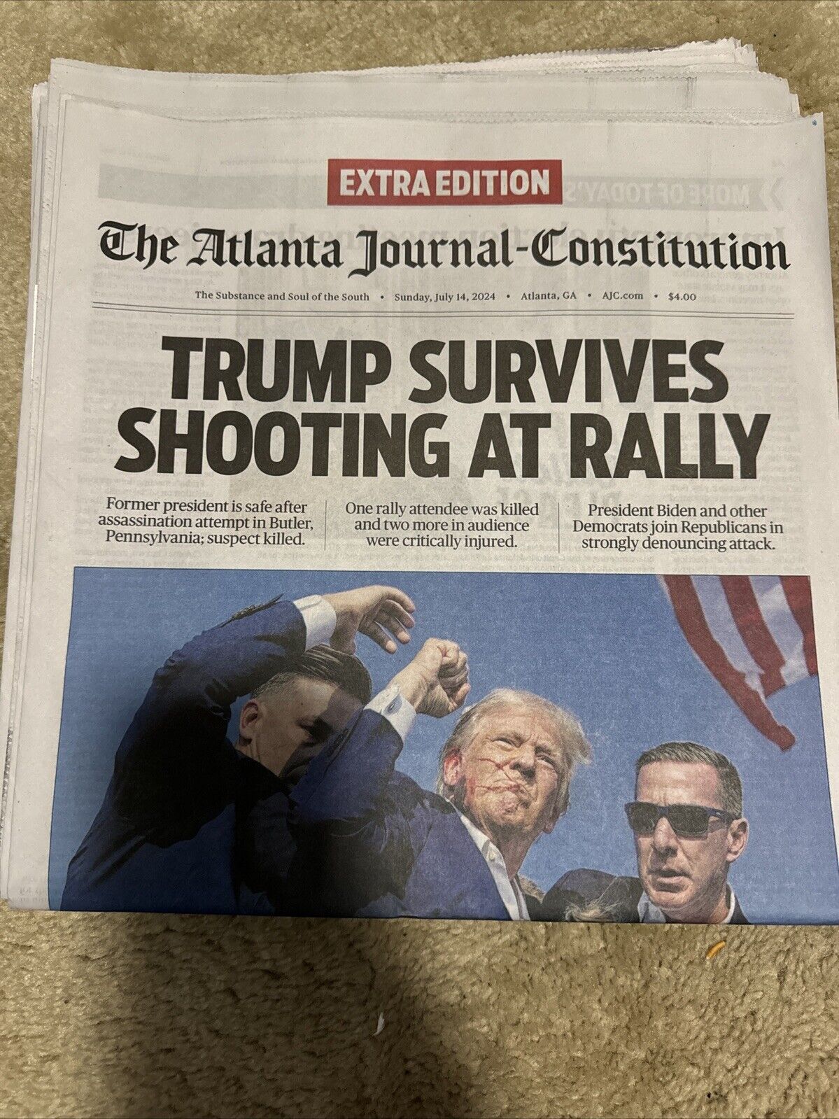 AJC Trump Survives Shooting Newspaper 07/14/24 Breaking Headline Trump Shot