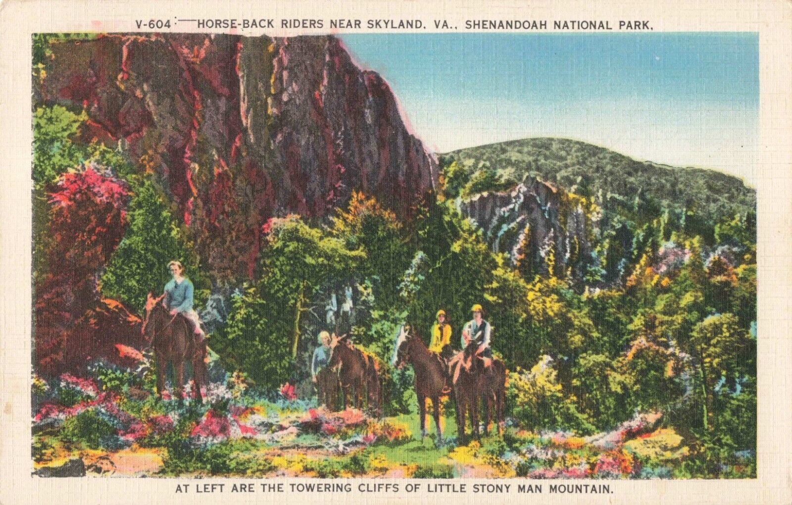 Skyland VA Virginia, Horseback Riders, Little Stony Man Mountain, VTG Postcard