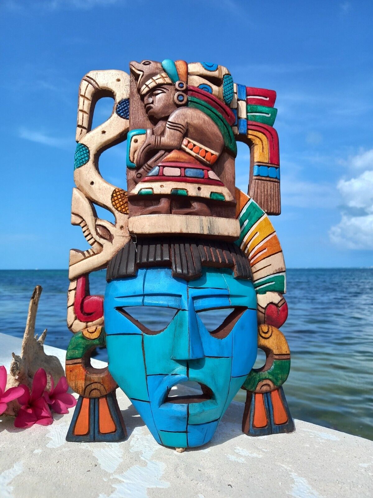 Handcarved Mayan Aztec Mask - Ixchel Goddess Wall Art Mesoamerican Decor 16-inch