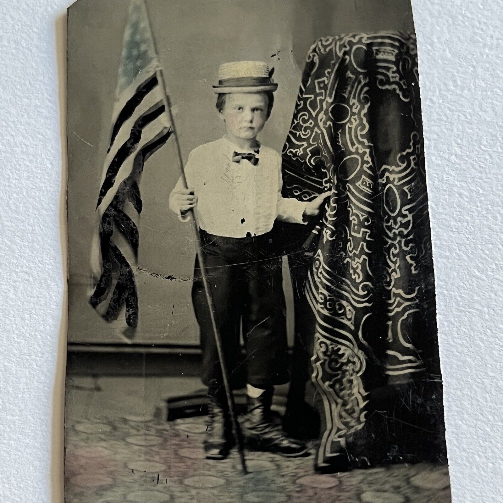 Antique Tintype Photograph Adorable Little Boy American Flag Tinted Photo Stand