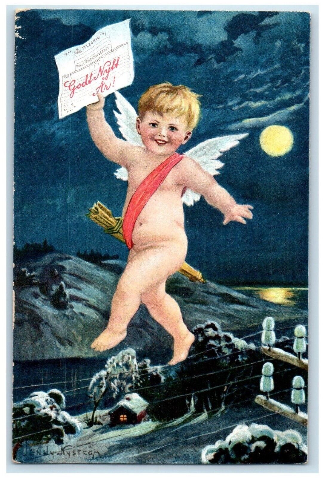 c1910's Cupid Angel Good Night Letter Winter Scene Moon Antique Postcard