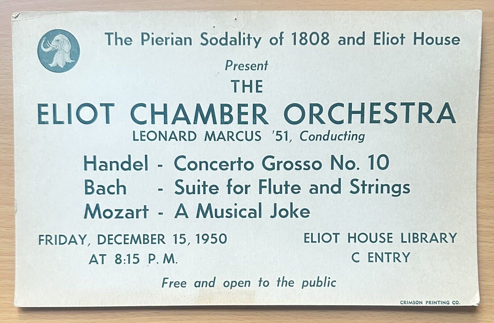 Pierian Sodality of 1808 Elliot House Harvard University Eliot Orchestra Poster