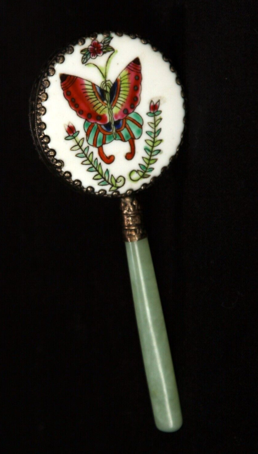 Antique Vintage 1900s Vanity Hand Mirror Brass Jadeite Butterfly Hand Painted