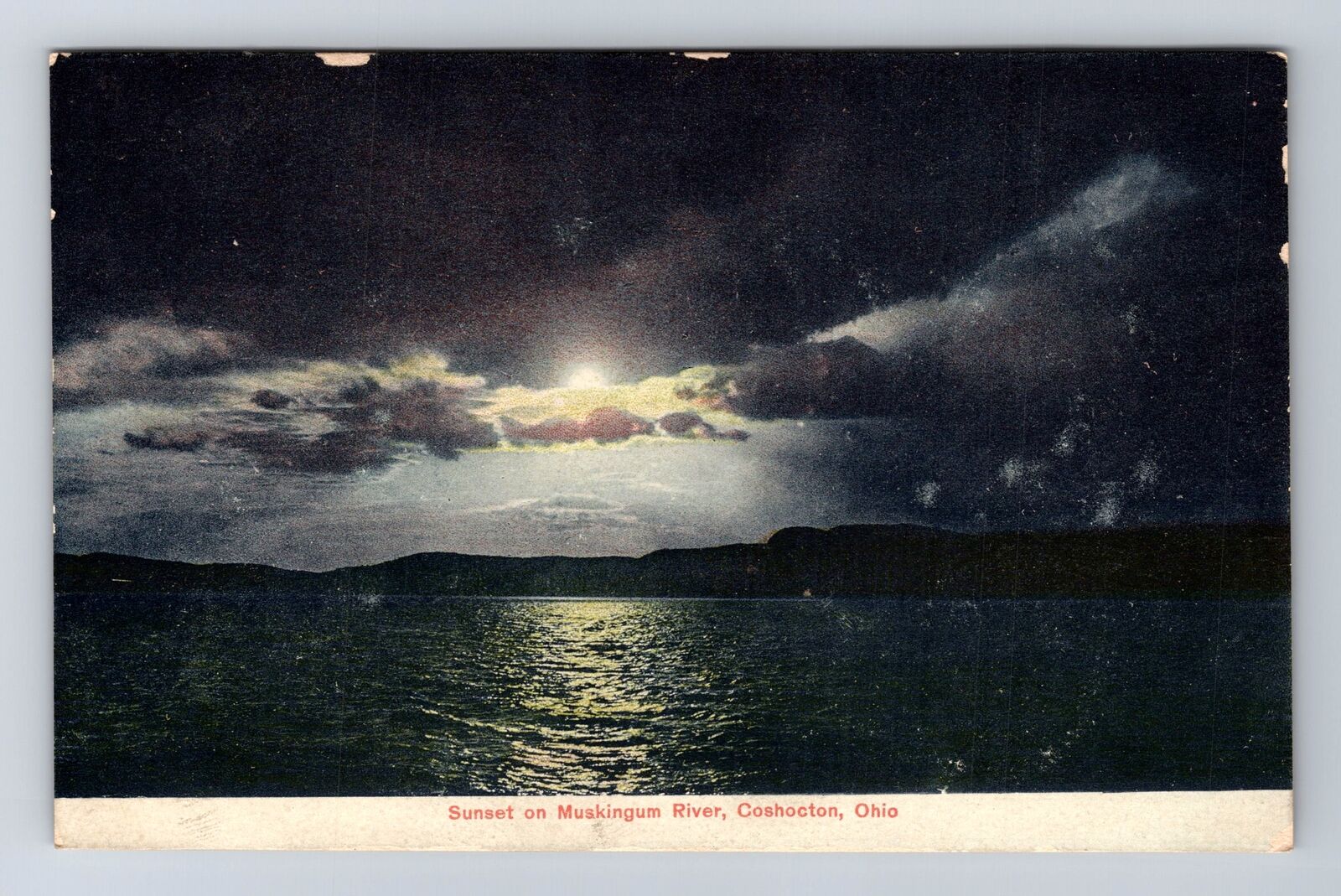Coshocton OH-Ohio, Sunset On Muskingum River, Antique, Vintage Souvenir Postcard