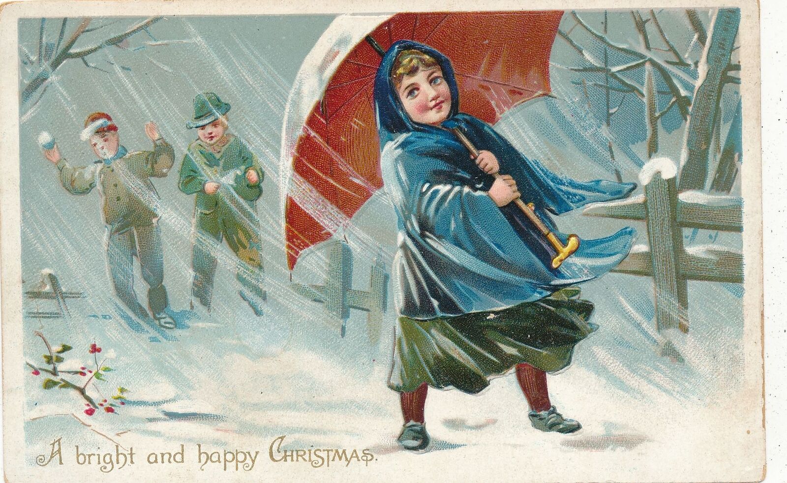 CHRISTMAS - Boys With Snowball and Girl With Big Umbrella Tuck Postcard