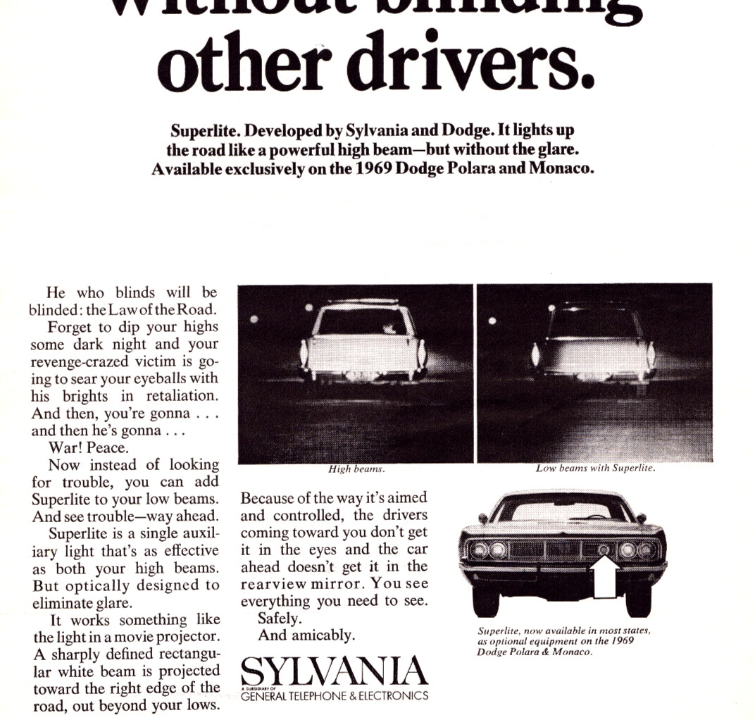 1969 Sylvania Superlite Headlights GTE Dodge Polara and Monaco Magazine Print Ad