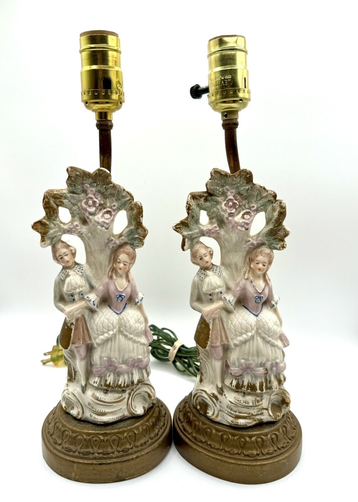 PAIR Antique Cordey Figural Porcelain French Renaissance Lamps Gold Base 14”