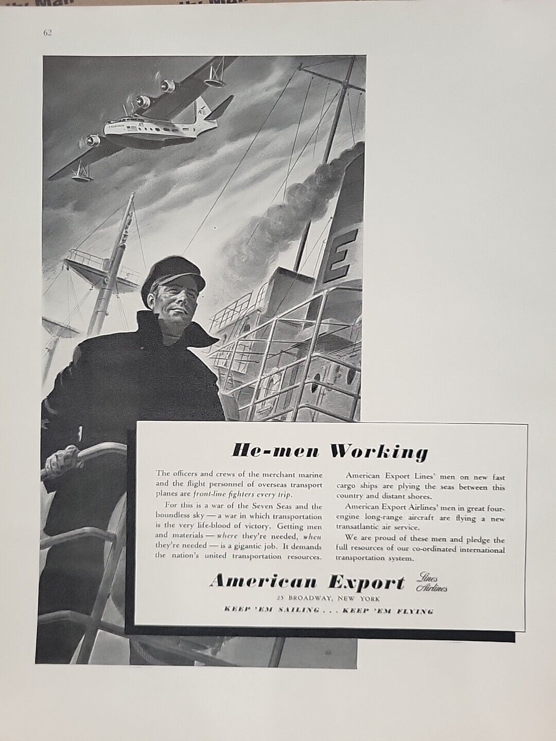 1942 American Export Lines Airline Fortune WW2 Print Ad Q4 Airplane Ship Captain