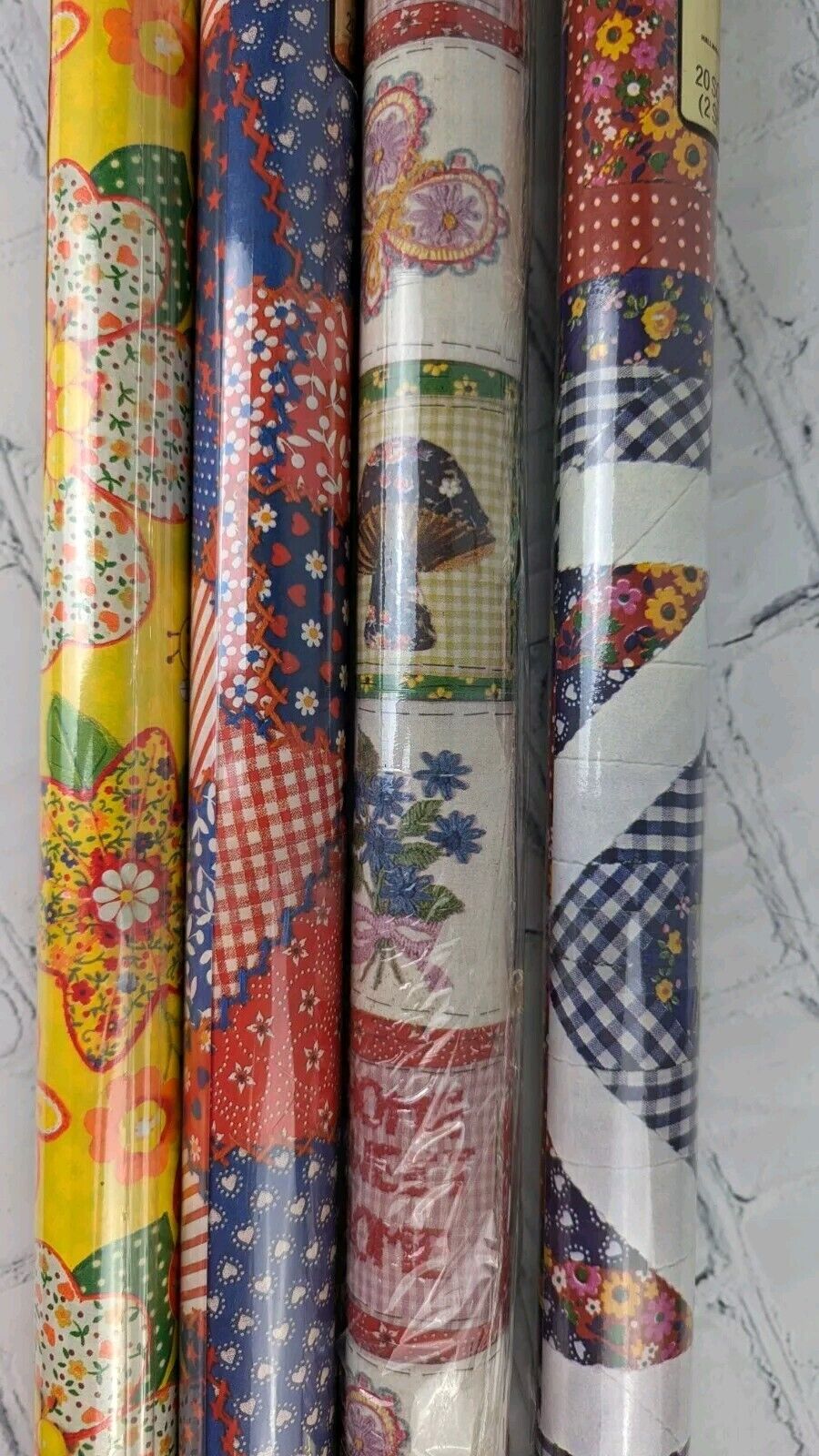Lot Of 4 Vintage Rolls Hallmark Wrapping Paper Quilted Patchwork Pattern Unused 
