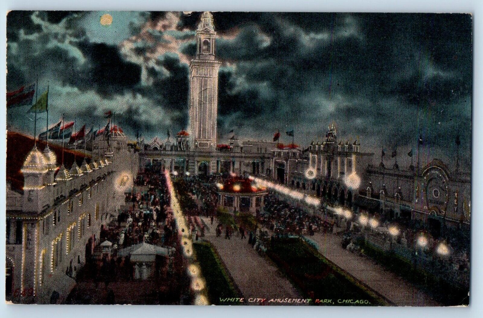 Chicago Illinois IL Postcard White City Amusement Park Night Moon c1913 Vintage