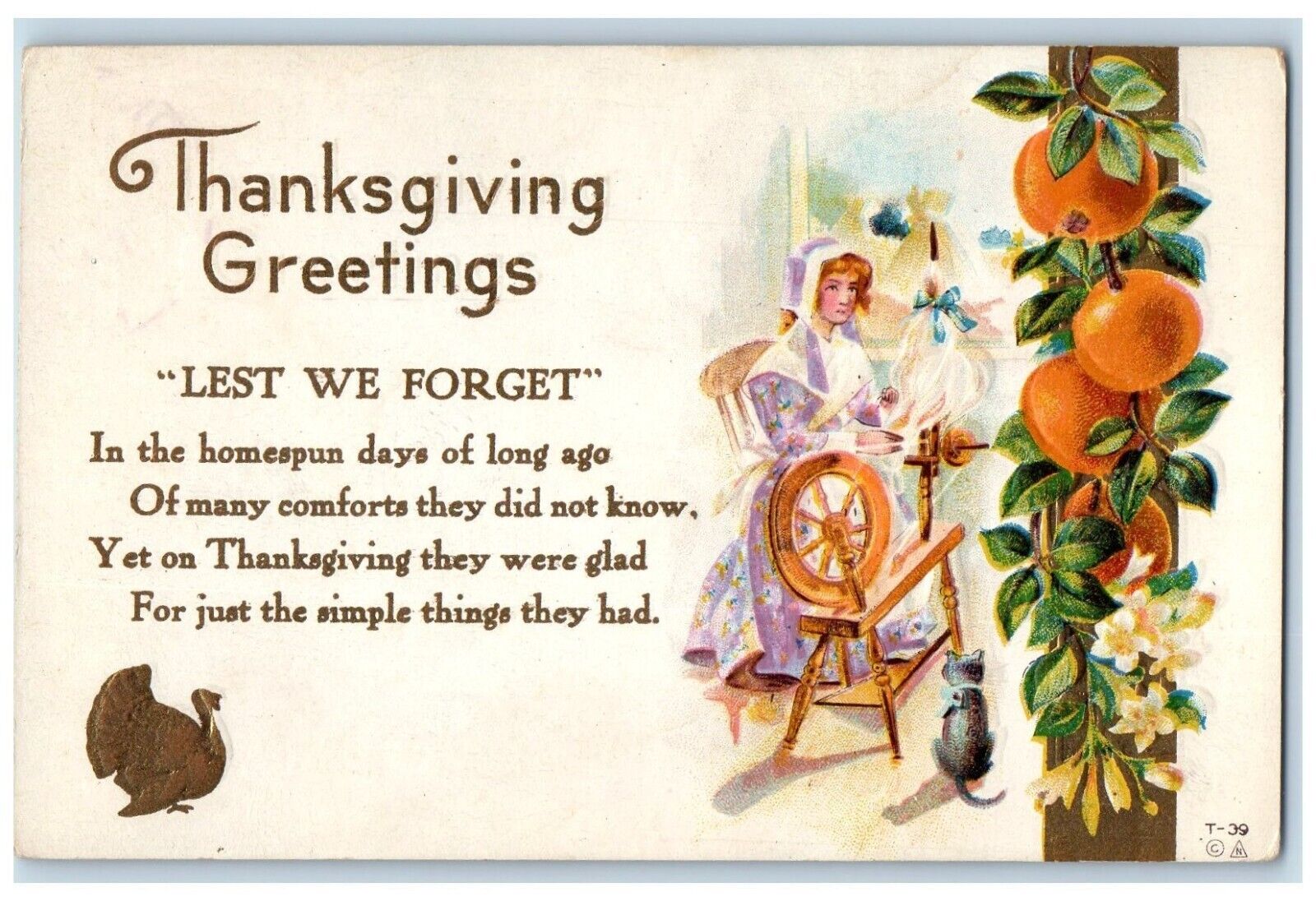 c1910's Thanksgiving Greetings Woman Spinning Wheel Fruits Embossed Postcard