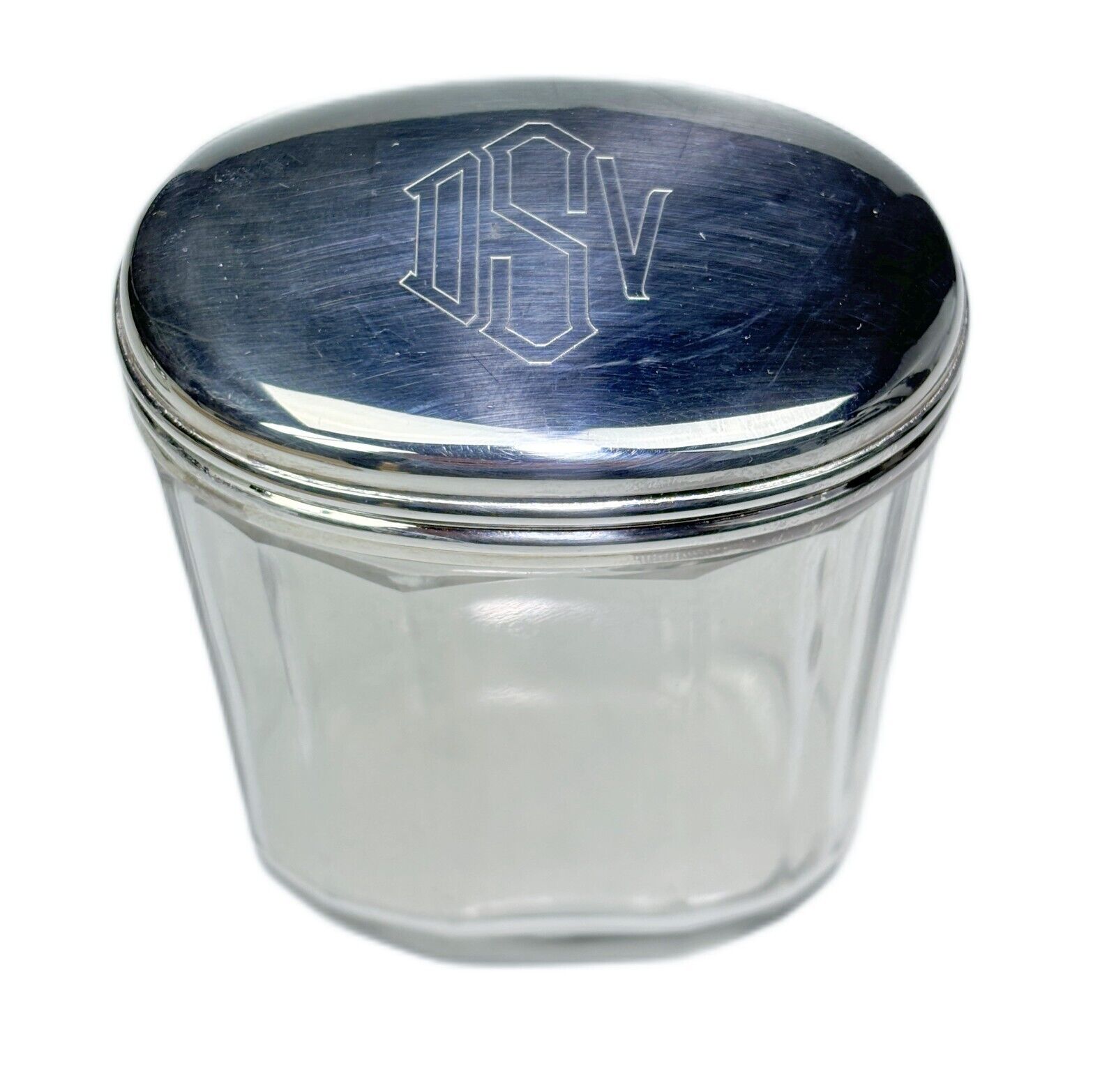 4” Glass Silver Plate Dresser Jar Vtg Vanity Storage Monogram Initials \