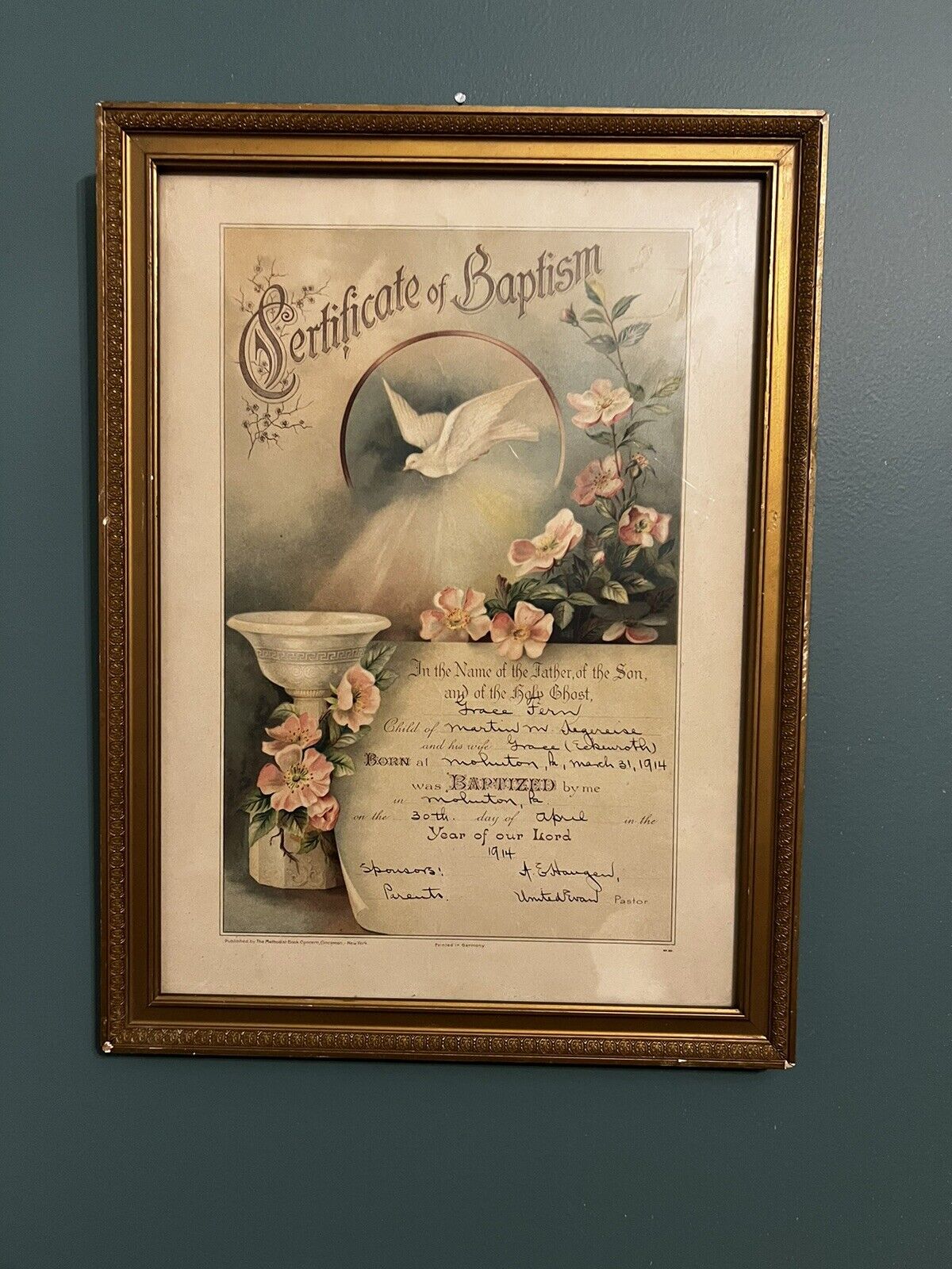 Antique 1914 Baptism Certificate with Holy Spirit Dove Framed Mohnton, PA