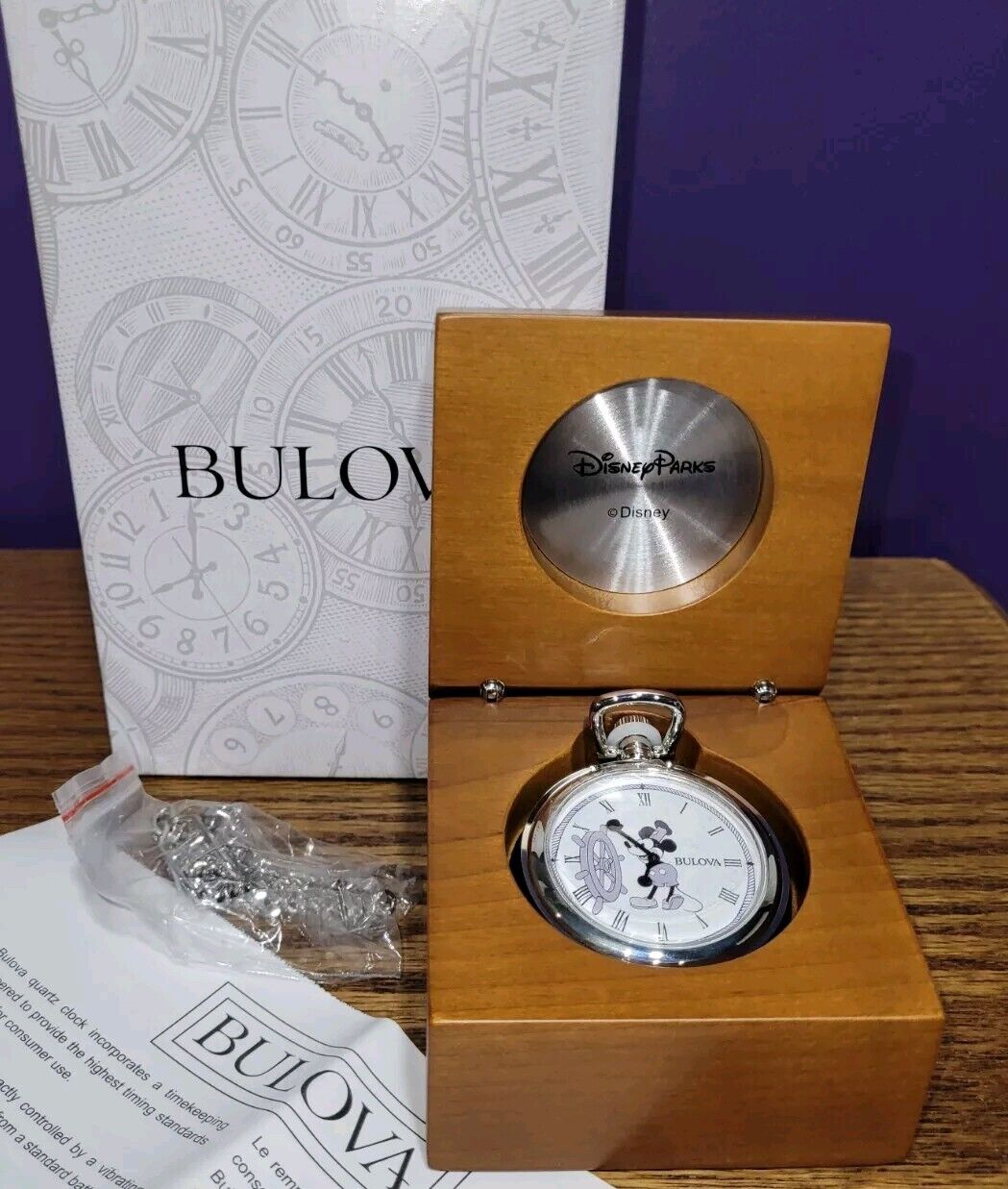 Bulova X Disney Polished Platinum Pocket Watch Mickey Steamboat Willie Disney100