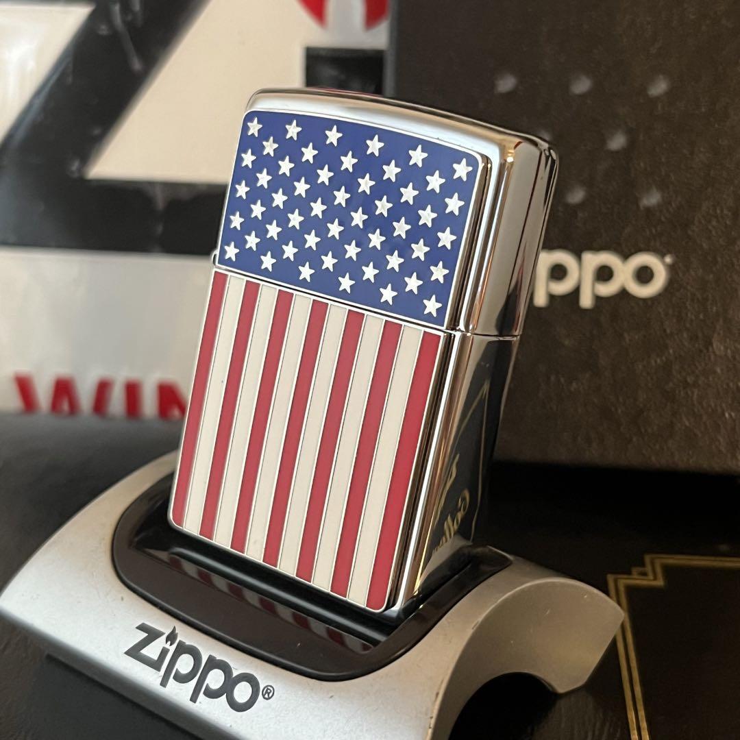 Zippo Oil Lighter American Flag Silver 2002 Unused